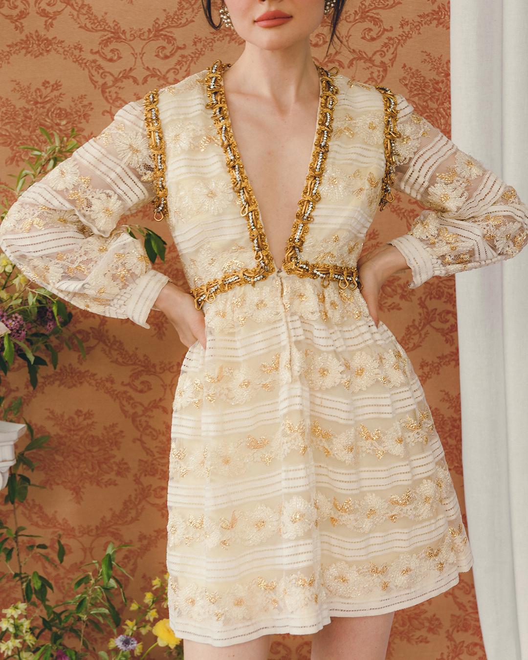 Beige VINTAGE 1960s OSCAR DE LA RENTA EMBELLISHED LONG SLEEVE MINIDRESS For Sale
