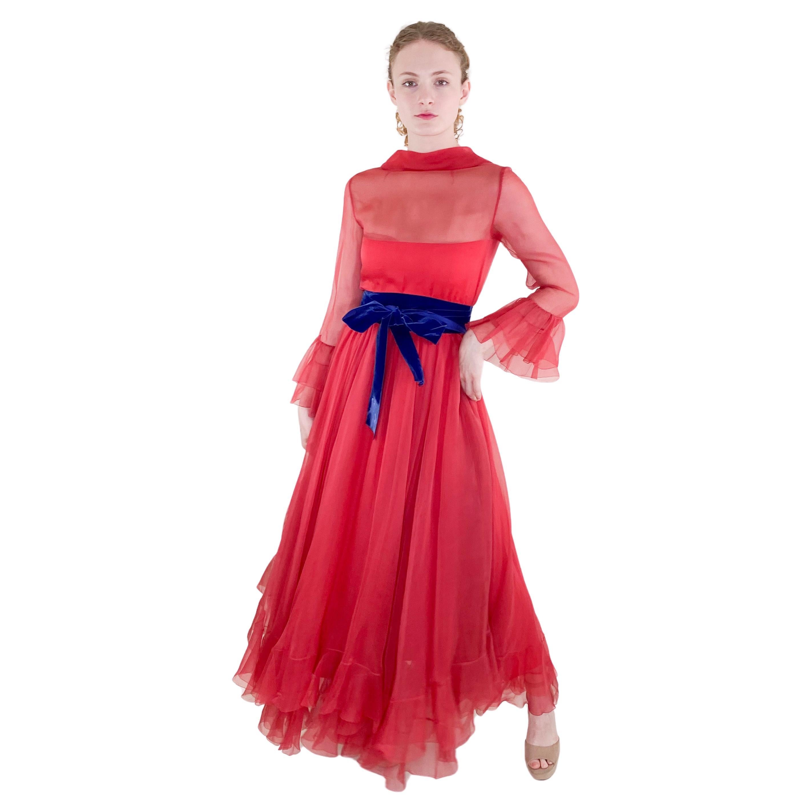 Vintage 1960s Oscar De La Renta for Jane Derby Red Chiffon Dress