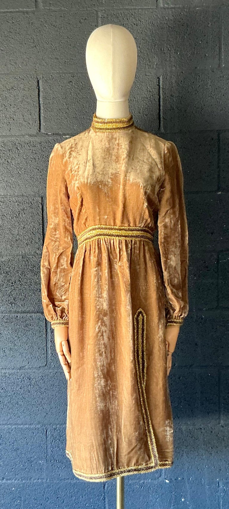 Vintage 1960s Oscar de la Renta Velvet Golden Bishop Sleeve Dress For Sale  at 1stDibs