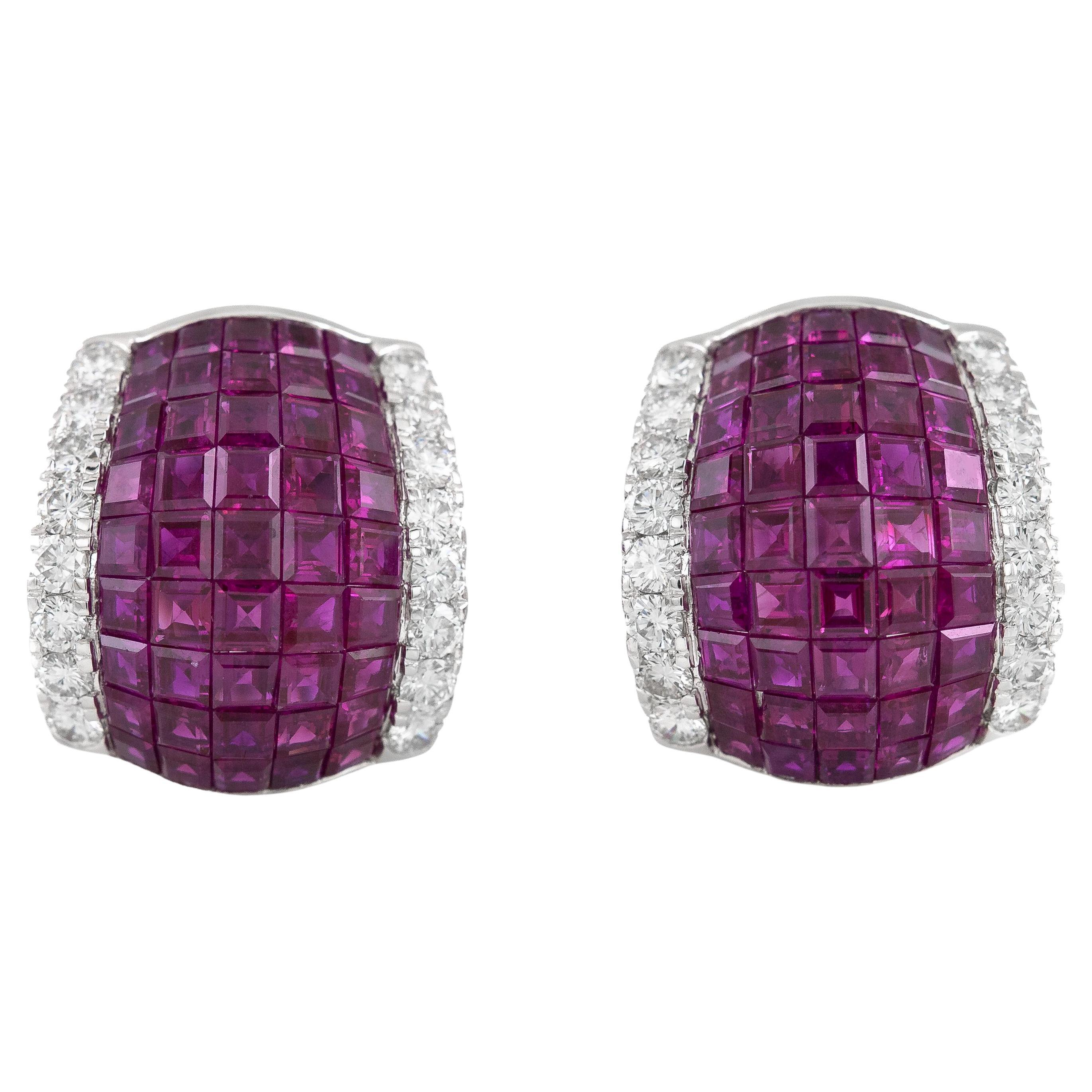 Vintage 1960s Oscar Heyman Invisible Set Ruby Earrings with Diamonds