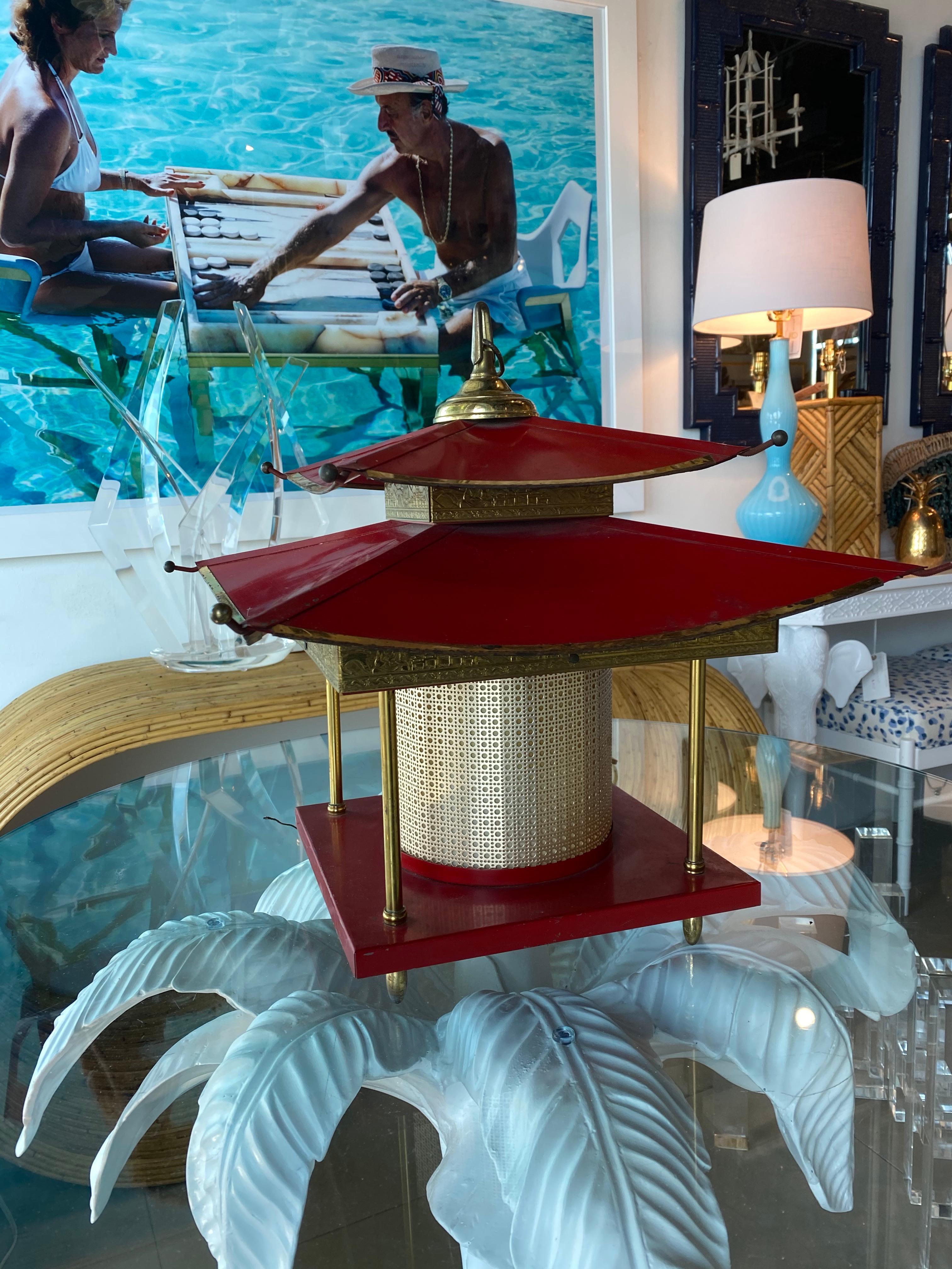 Vintage 1960s Pagoda Red Metal Tole Chinoiserie Chandelier 4