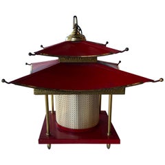 Vintage 1960s Pagoda Red Metal Tole Chinoiserie Chandelier