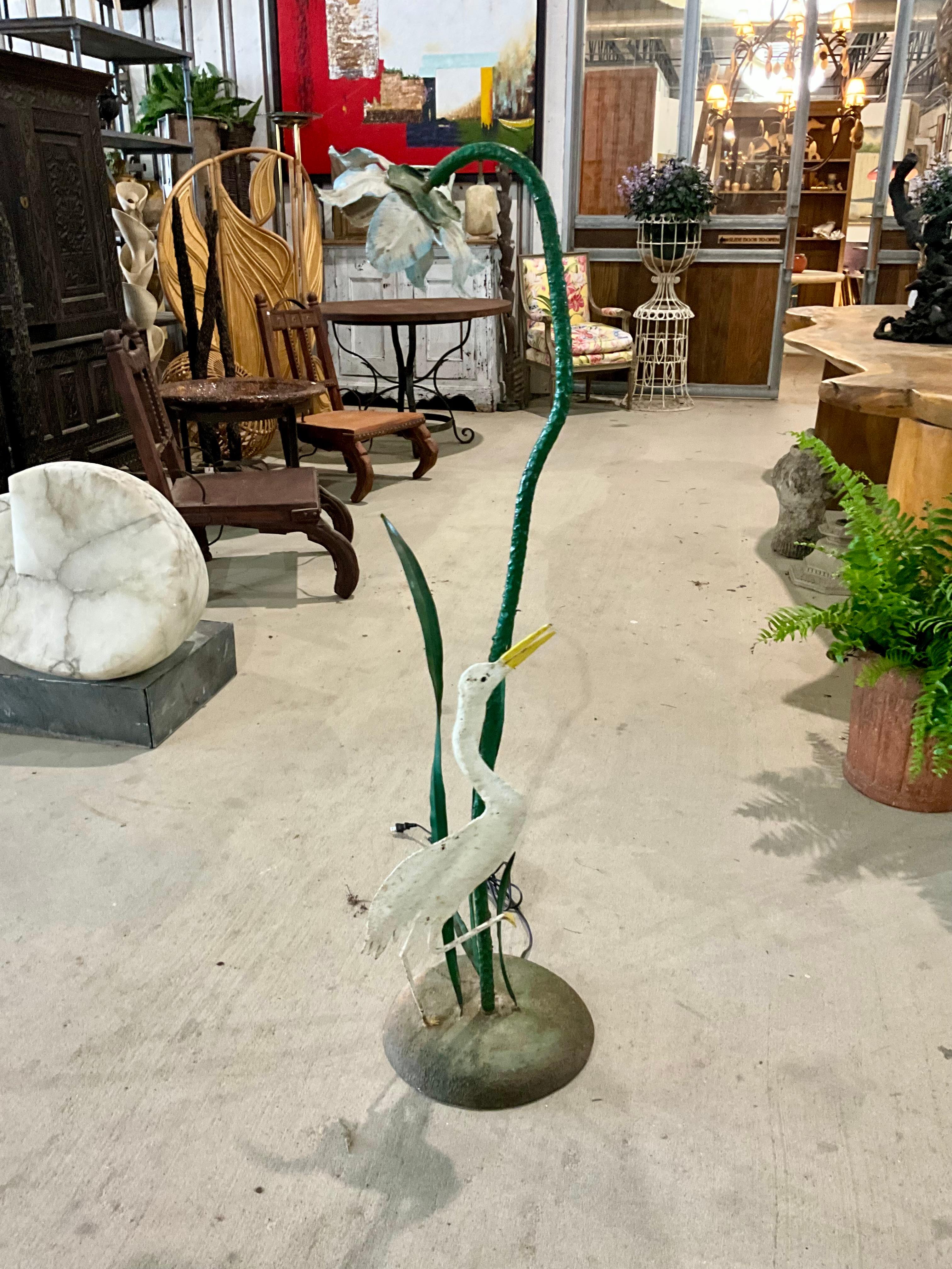 Hollywood Regency Vintage 1960s Painted Iron Lamp with Bird and Flower Design For Sale