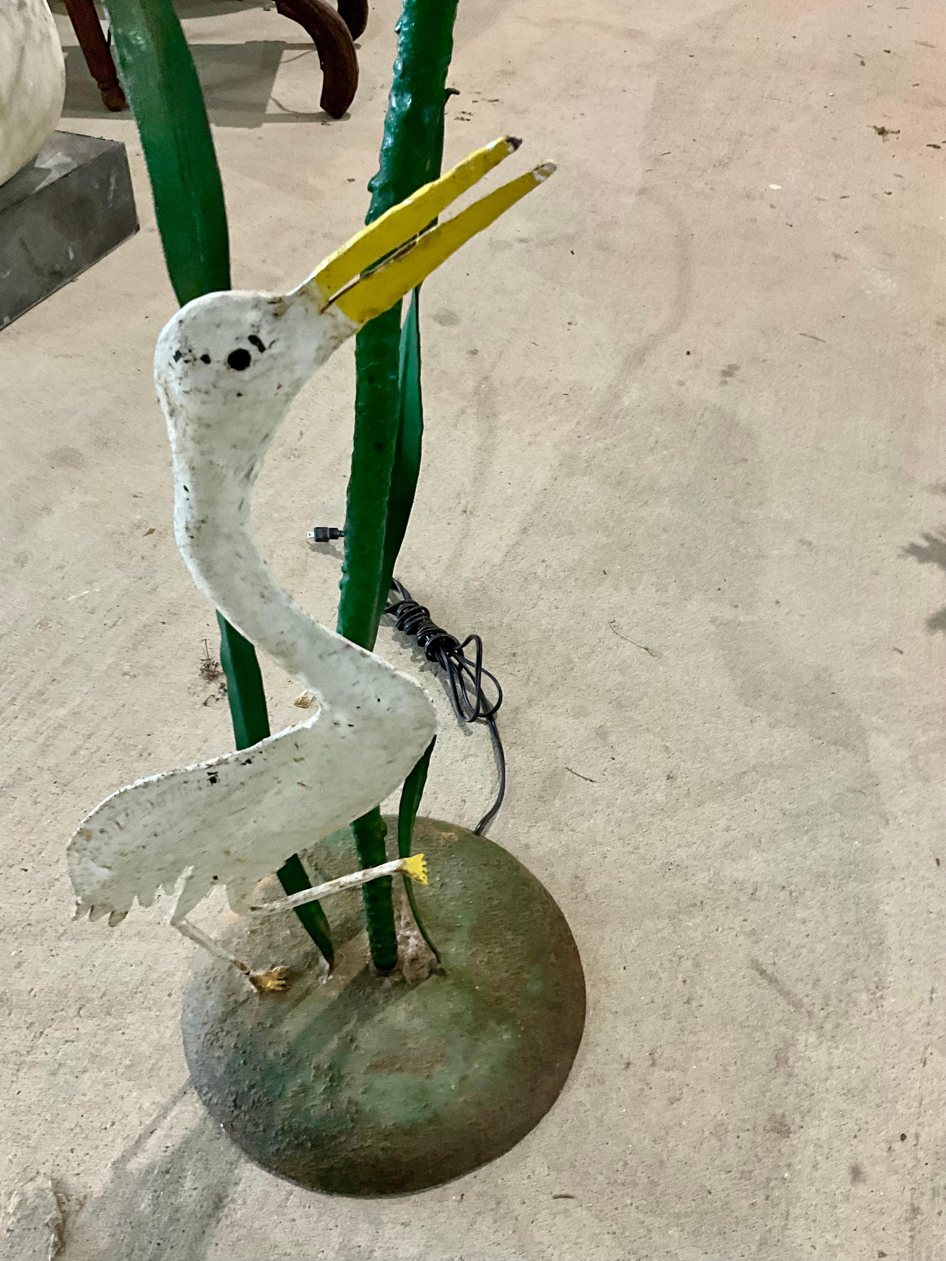 American Vintage 1960s Painted Iron Lamp with Bird and Flower Design For Sale
