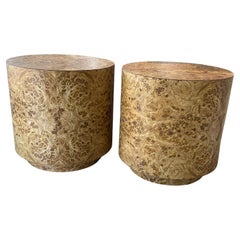 Vintage 1960s Pair of Burl Wood Laminate Drum Benches Stools or Drink Tables
