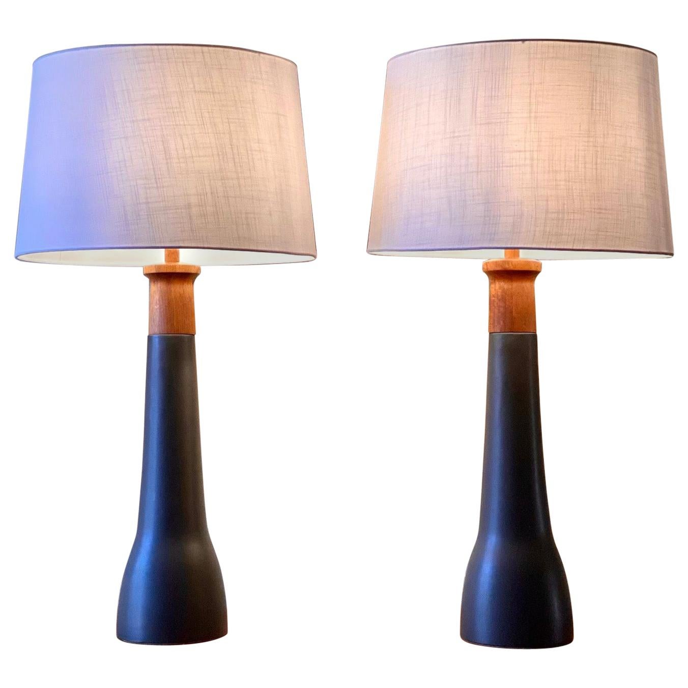 Vintage 1960s Pair of Gordon and Jane Martz Black Ceramic and Walnut Table Lamps