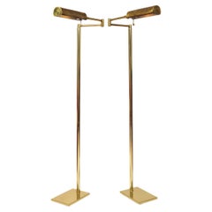 Vintage 1960s Pair of Italian brass swing arm reading lamps, rectangular base