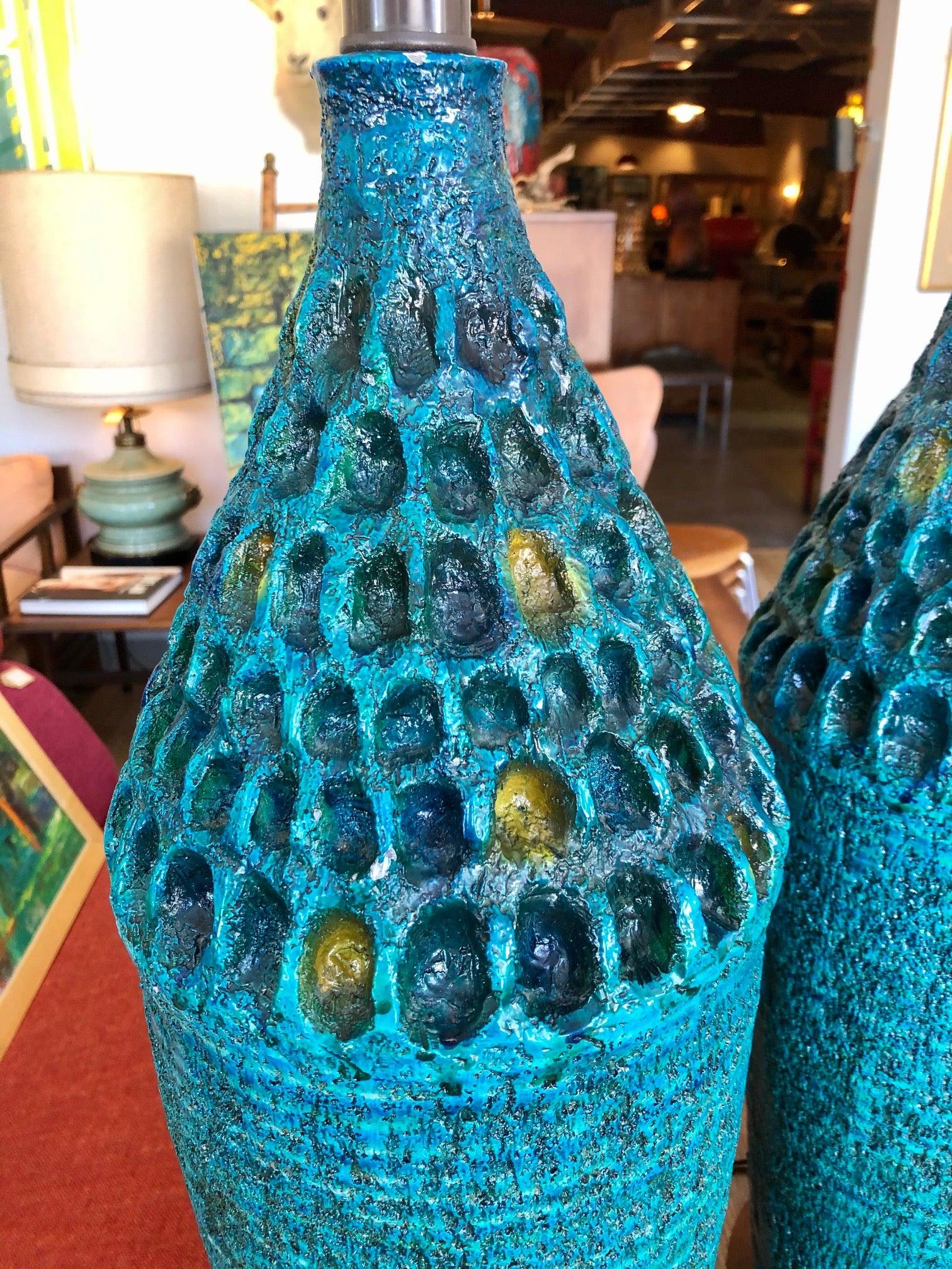 Vintage 1960s Pair of Large Turquoise Ceramic Table Lamps In Good Condition In San Antonio, TX
