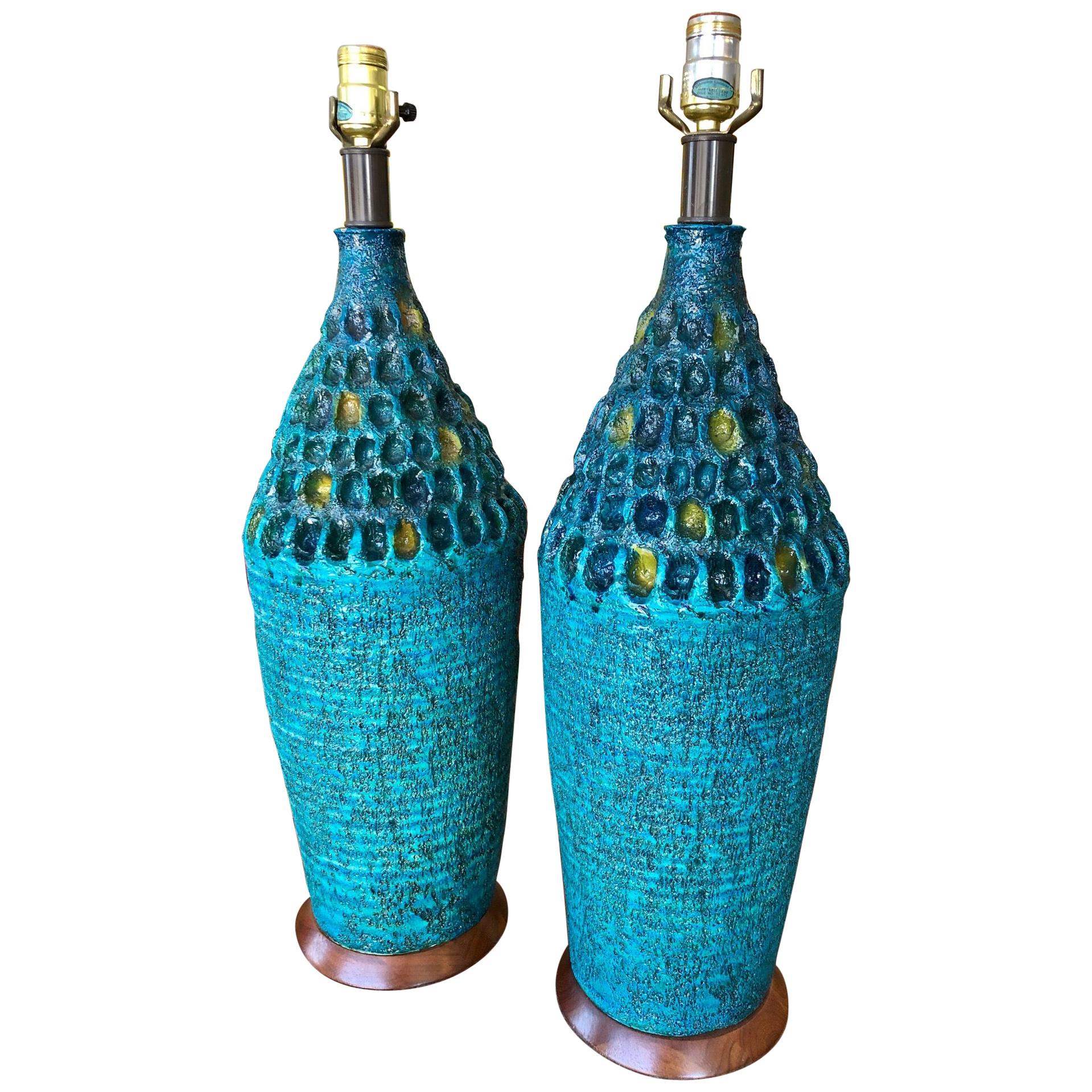 Vintage 1960s Pair of Large Turquoise Ceramic Table Lamps