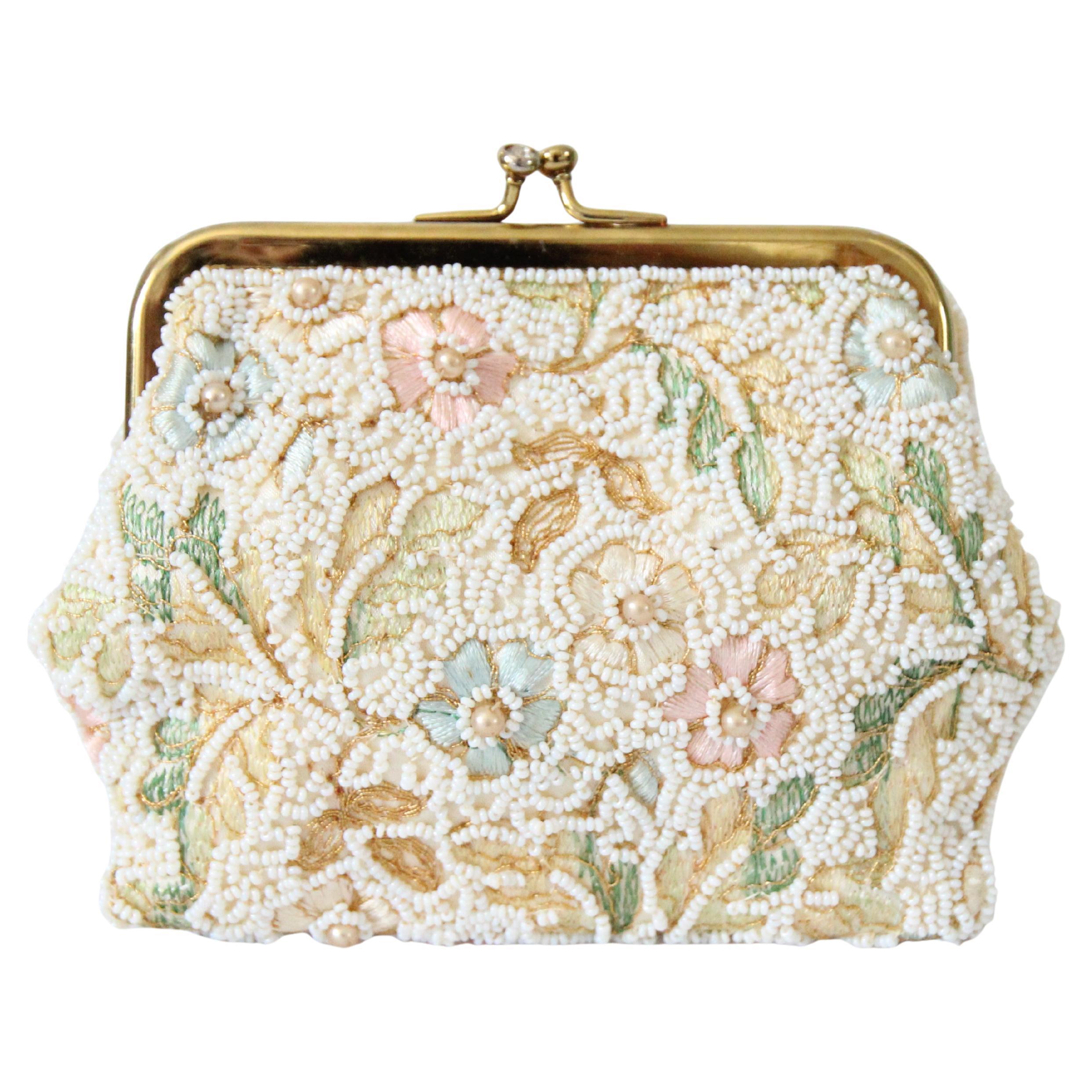 Vintage 1960's Pastel Floral Beaded Purse 1960's Beaded Wallet coin purse
