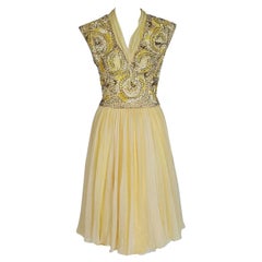 Pat Sandler - Robe en mousseline de soie brodée et perlée jaune pâle, vintage, années 1960