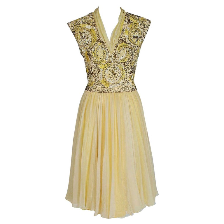 Vintage 1960's Pat Sandler Pale Yellow Beaded Embroidered Silk Chiffon Dress For Sale