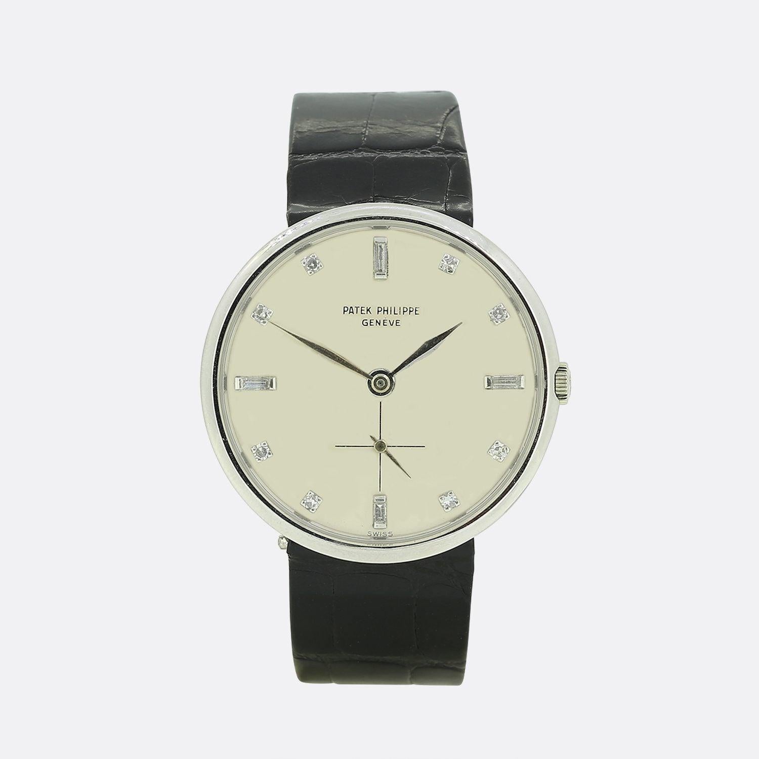 This is a wonderful and rare 1960s gents Patek Philippe wristwatch. The watch features a silver dial with white hour and minute hands and a seconds subdial at 6 o'clock. The case is 18ct white gold and the watch has been finished with a Patek
