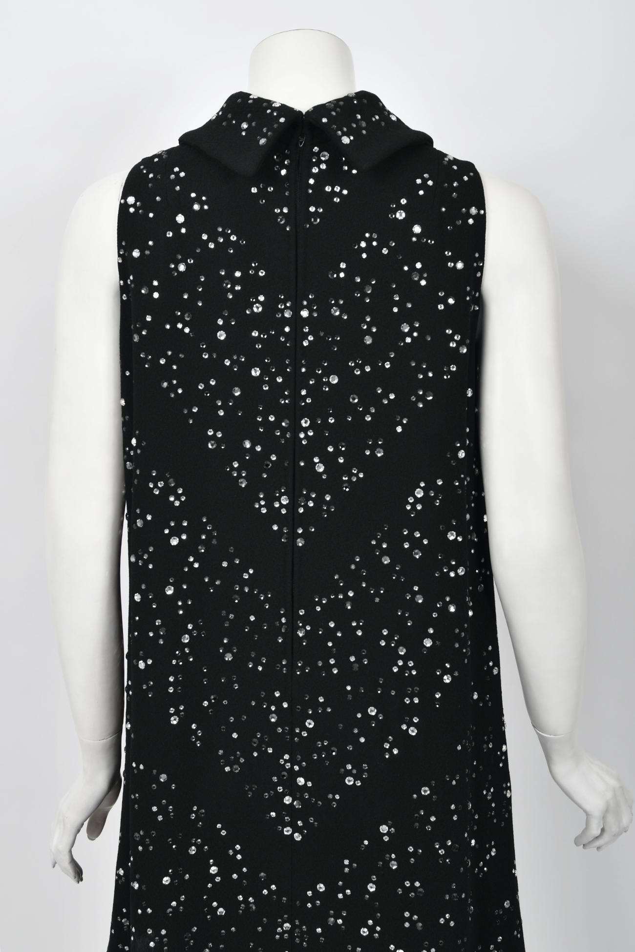 Vintage 1960's Pauline Trigère Rhinestone Studded Black Wool Mod Trapeze Dress  For Sale 7