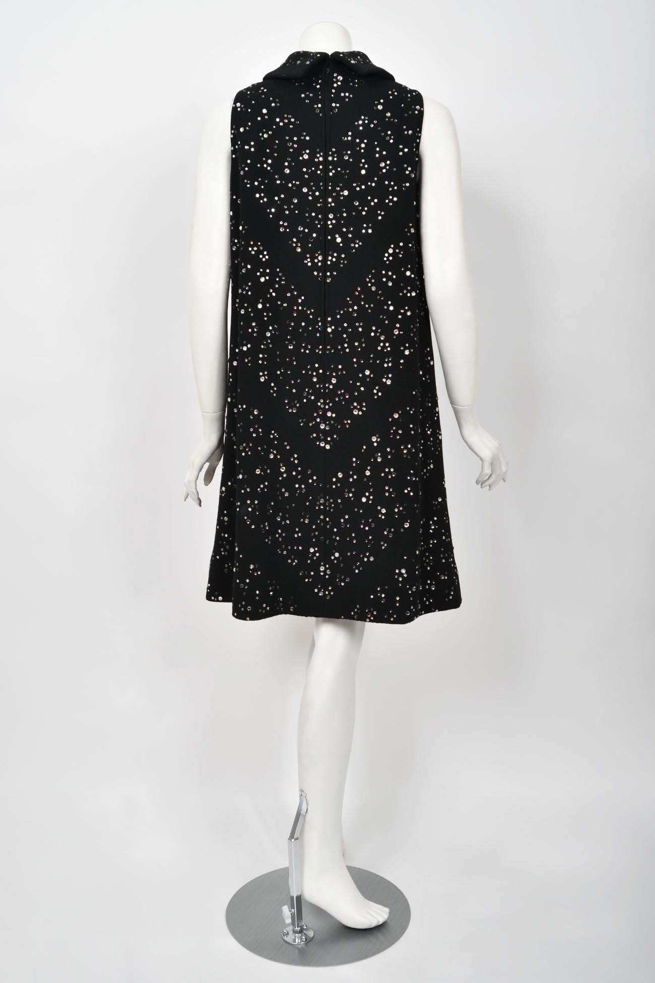 Vintage 1960's Pauline Trigère Rhinestone Studded Black Wool Mod Trapeze Dress  For Sale 8