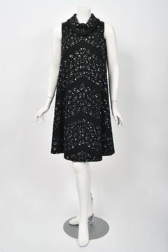 Vintage 1960's Pauline Trigère Rhinestone Studded Black Wool Mod Trapeze Dress