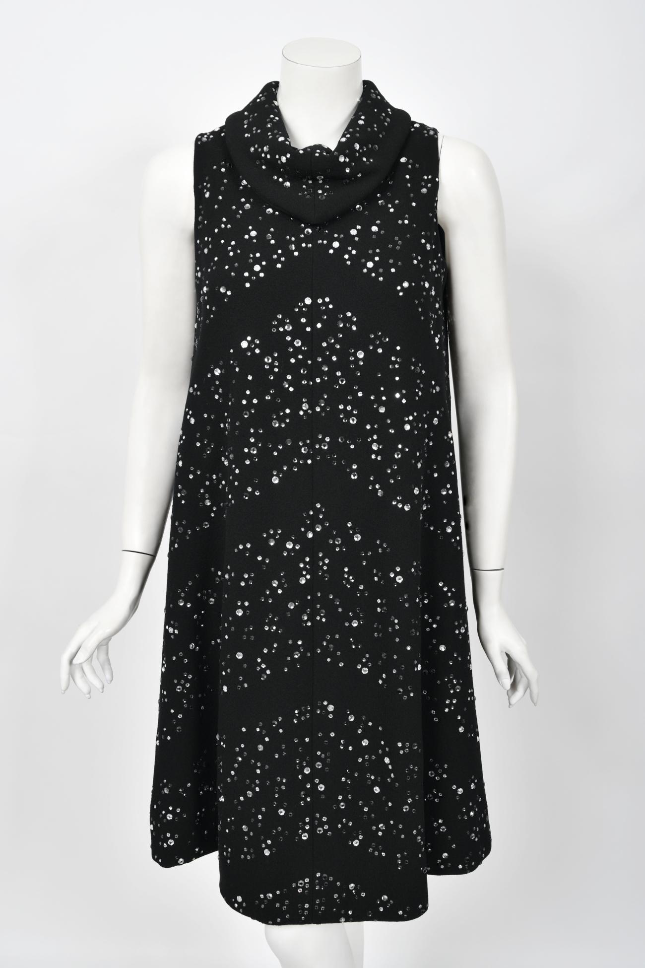 Vintage 1960's Pauline Trigère Rhinestone Studded Black Wool Mod Trapeze Dress  In Good Condition For Sale In Beverly Hills, CA