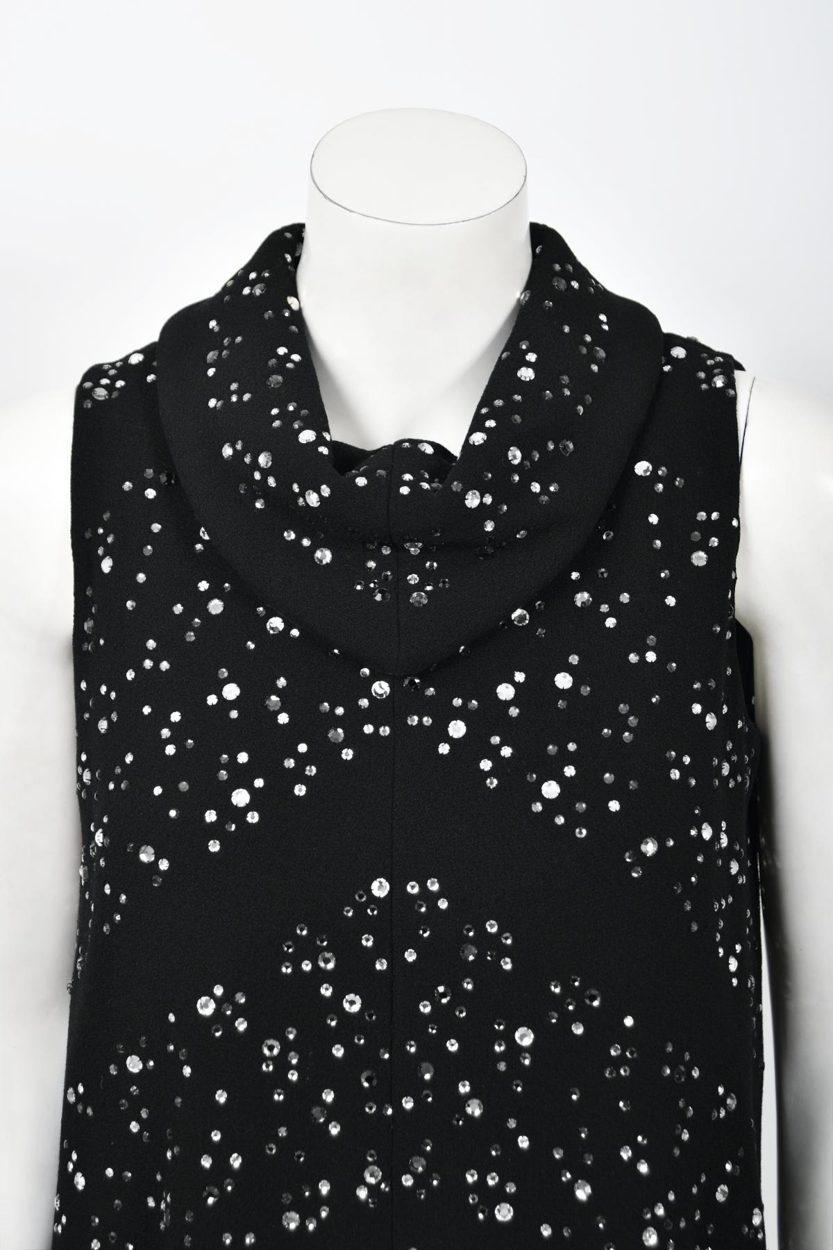 Women's Vintage 1960's Pauline Trigère Rhinestone Studded Black Wool Mod Trapeze Dress  For Sale