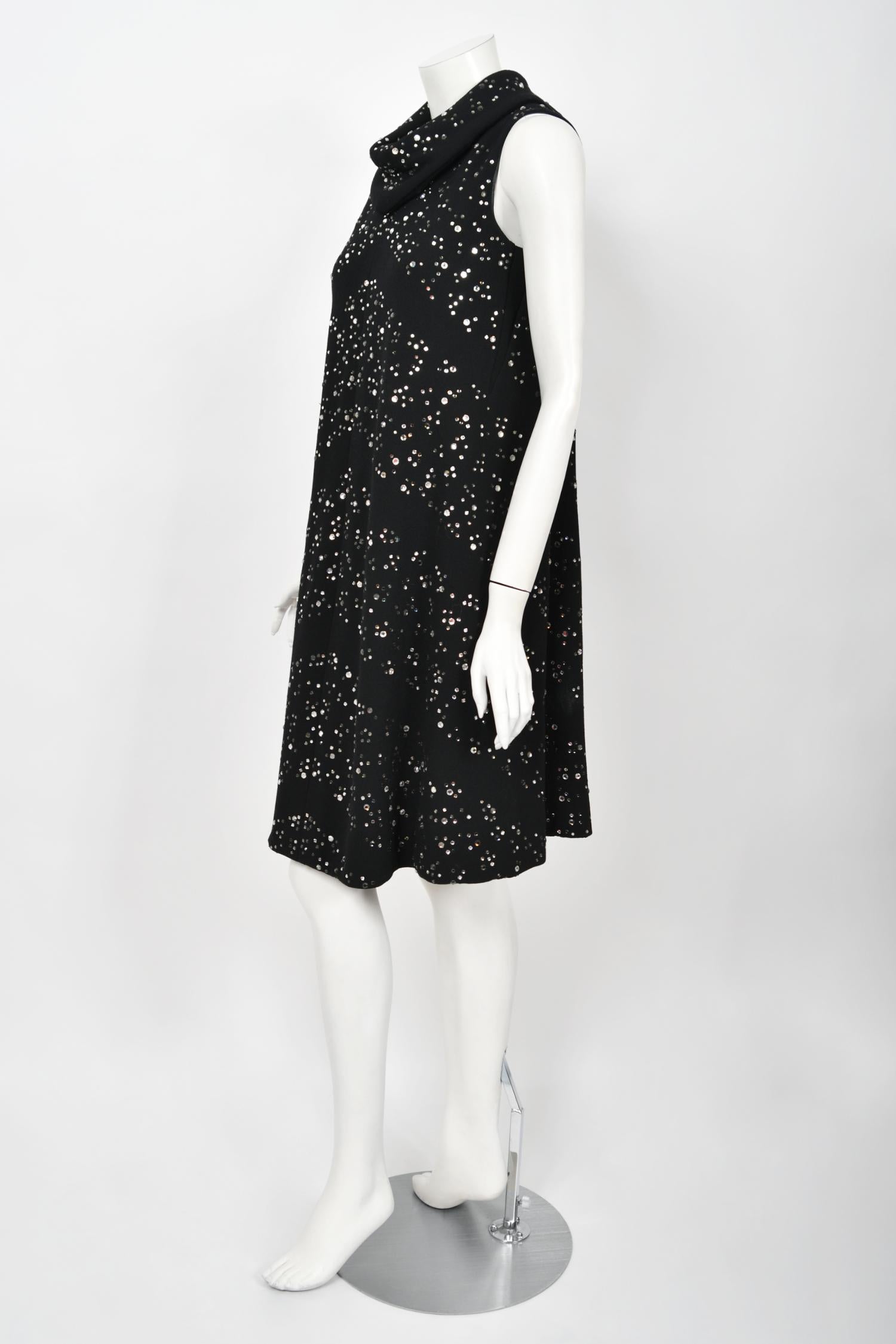 Vintage 1960's Pauline Trigère Rhinestone Studded Black Wool Mod Trapeze Dress  For Sale 1