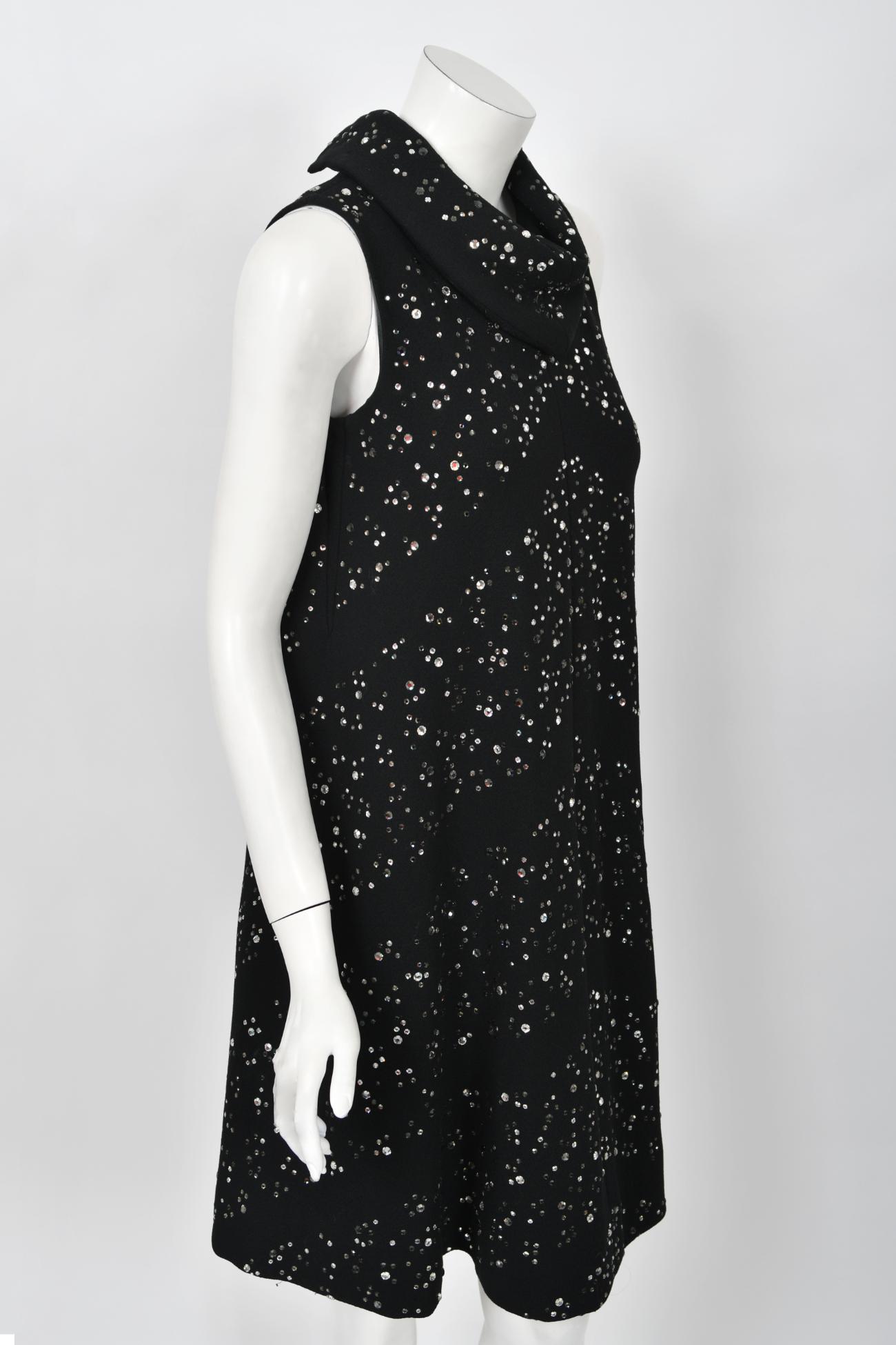 Vintage 1960's Pauline Trigère Rhinestone Studded Black Wool Mod Trapeze Dress  For Sale 5