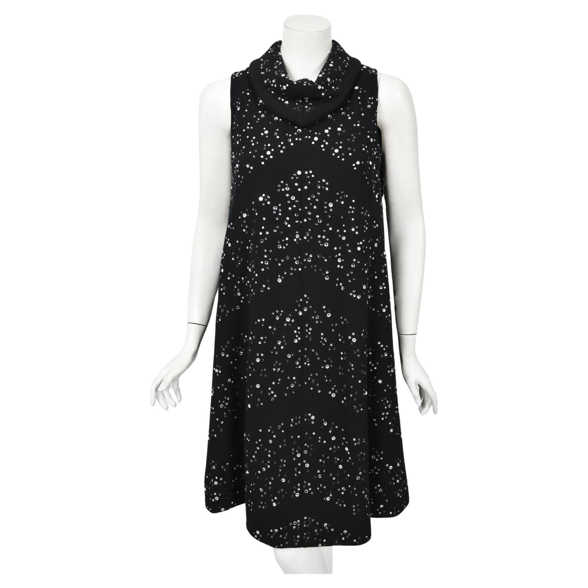 Vintage 1960's Pauline Trigère Rhinestone Studded Black Wool Mod Trapeze Dress  en vente