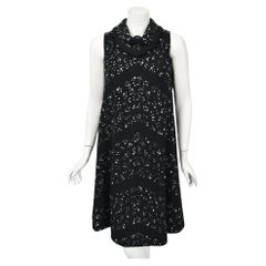 Vintage 1960's Pauline Trigère Rhinestone Studded Black Wool Mod Trapeze Dress 