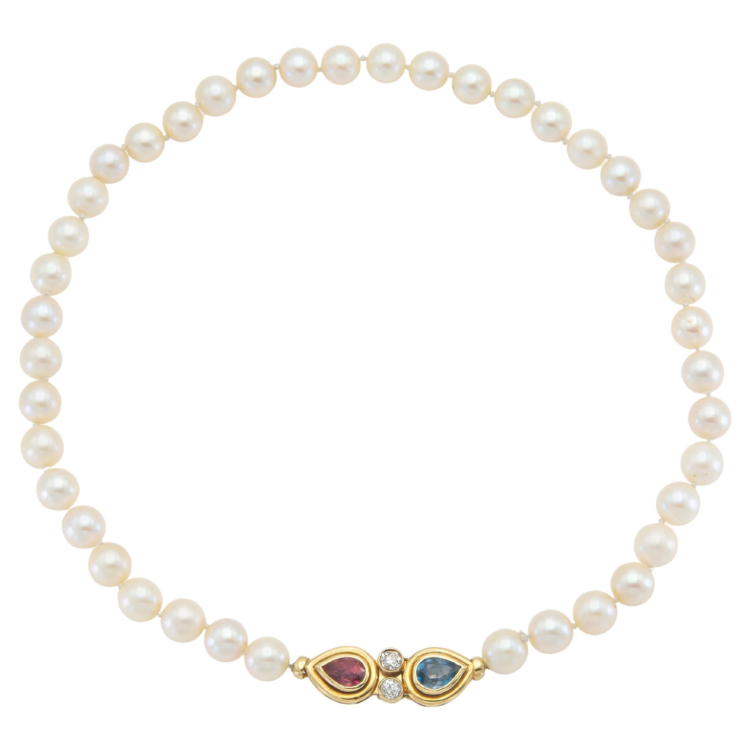 Vintage 1960s Pearl Necklace with Tourmaline, Aquamarine, and Diamonds en vente