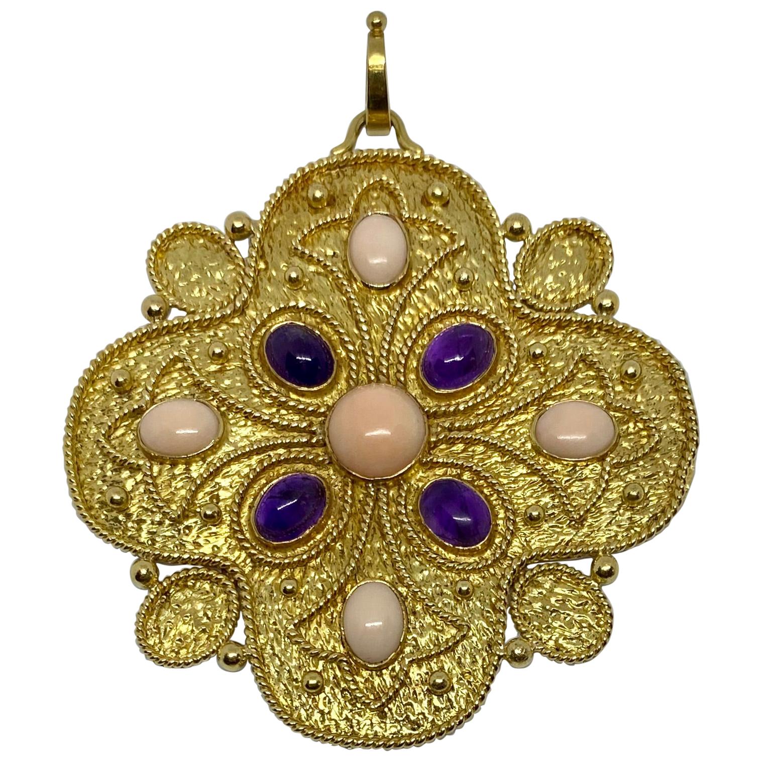 Vintage 1960s Pendant in Gold, Coral and Amethyst by Vourakis