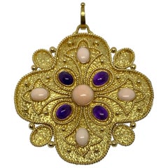 Vintage 1960s Pendant in Gold, Coral and Amethyst by Vourakis