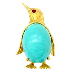 Vintage 1960's Penguin Brooch 18 Karat Yellow Gold Turquoise Cabochon Ruby Eye