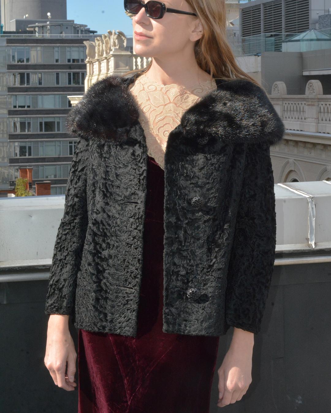Black Vintage 1960s Persian Lamb Cropped Coat with Mink Collar For Sale
