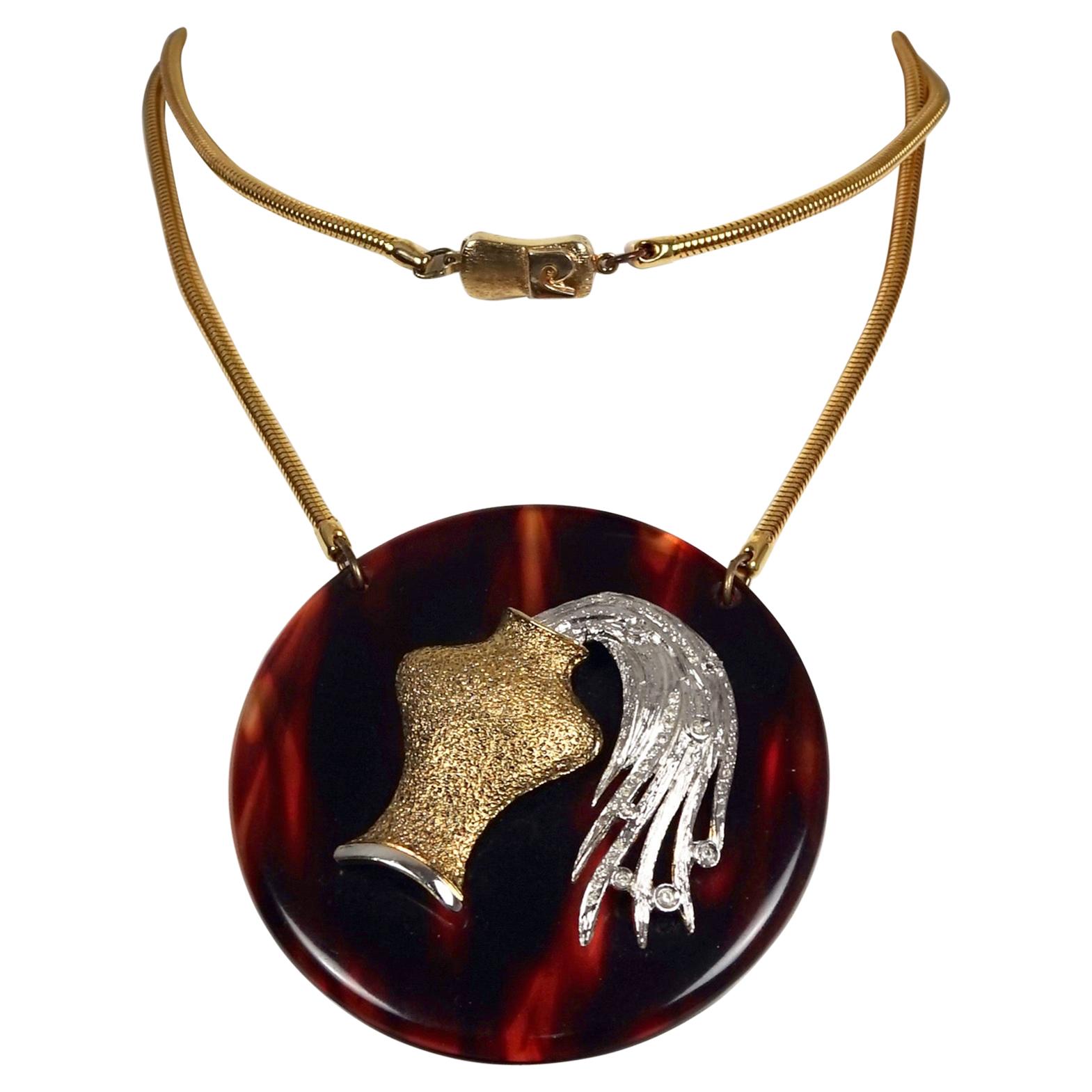 Vintage 1960s PIERRE CARDIN Aquarius Zodiac Tortoiseshell Pendant Necklace