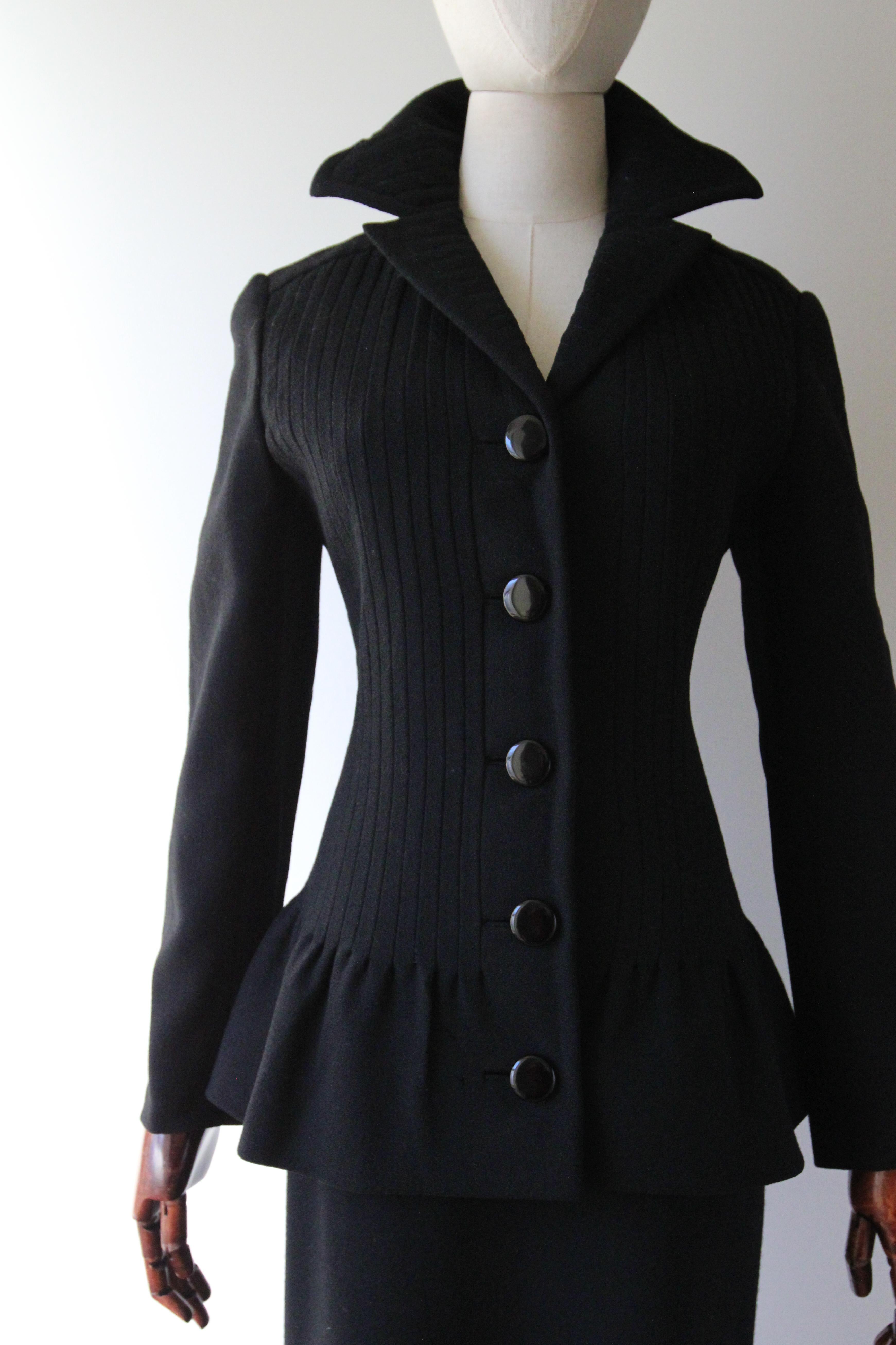Black Vintage 1960's Pierre Cardin Ladies Skirt Suit Pleated Wool Suit UK 12 US 8 For Sale