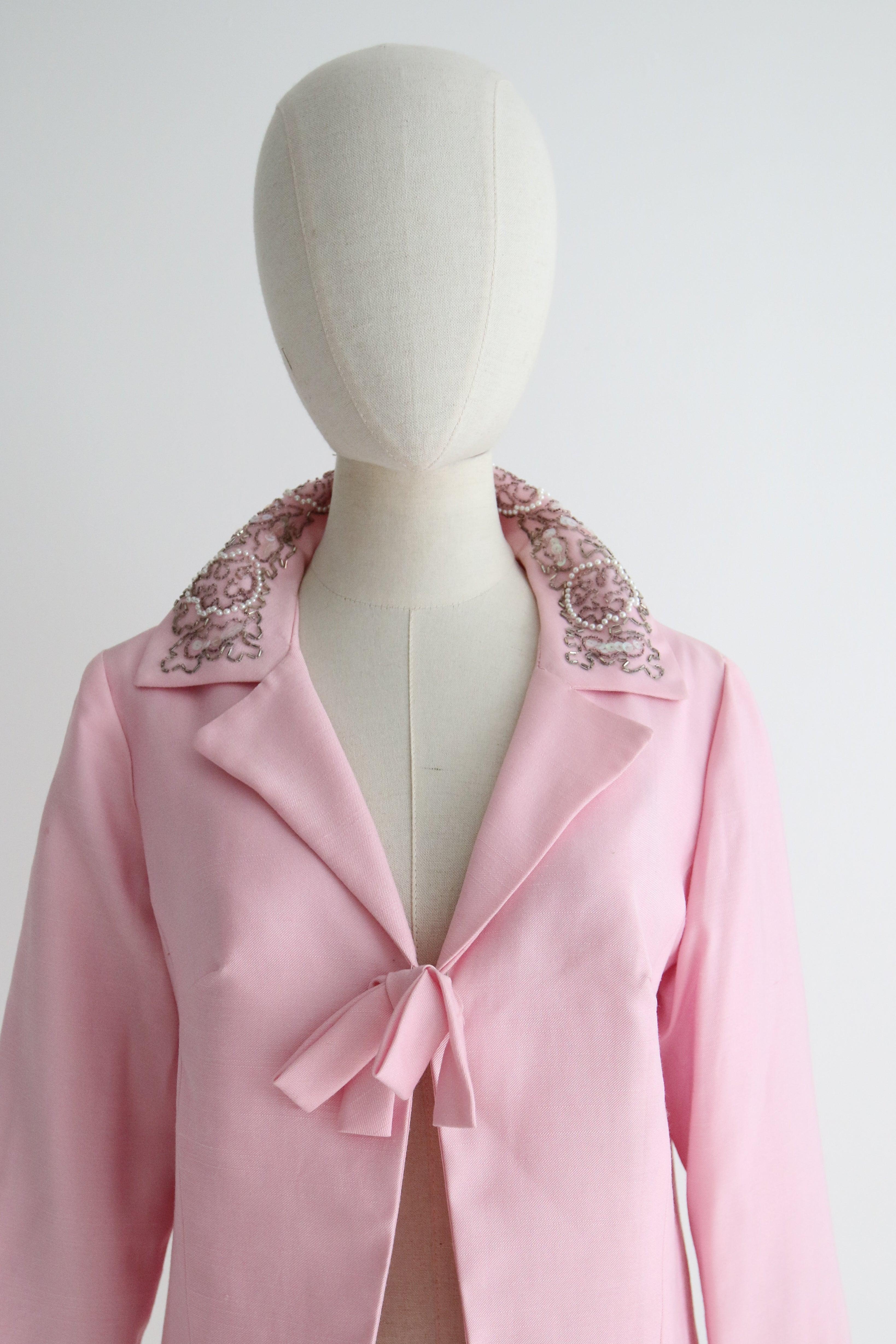 Beige Vintage 1960's pink jacket beaded collar ballet pink bow detail jacket UK 10
