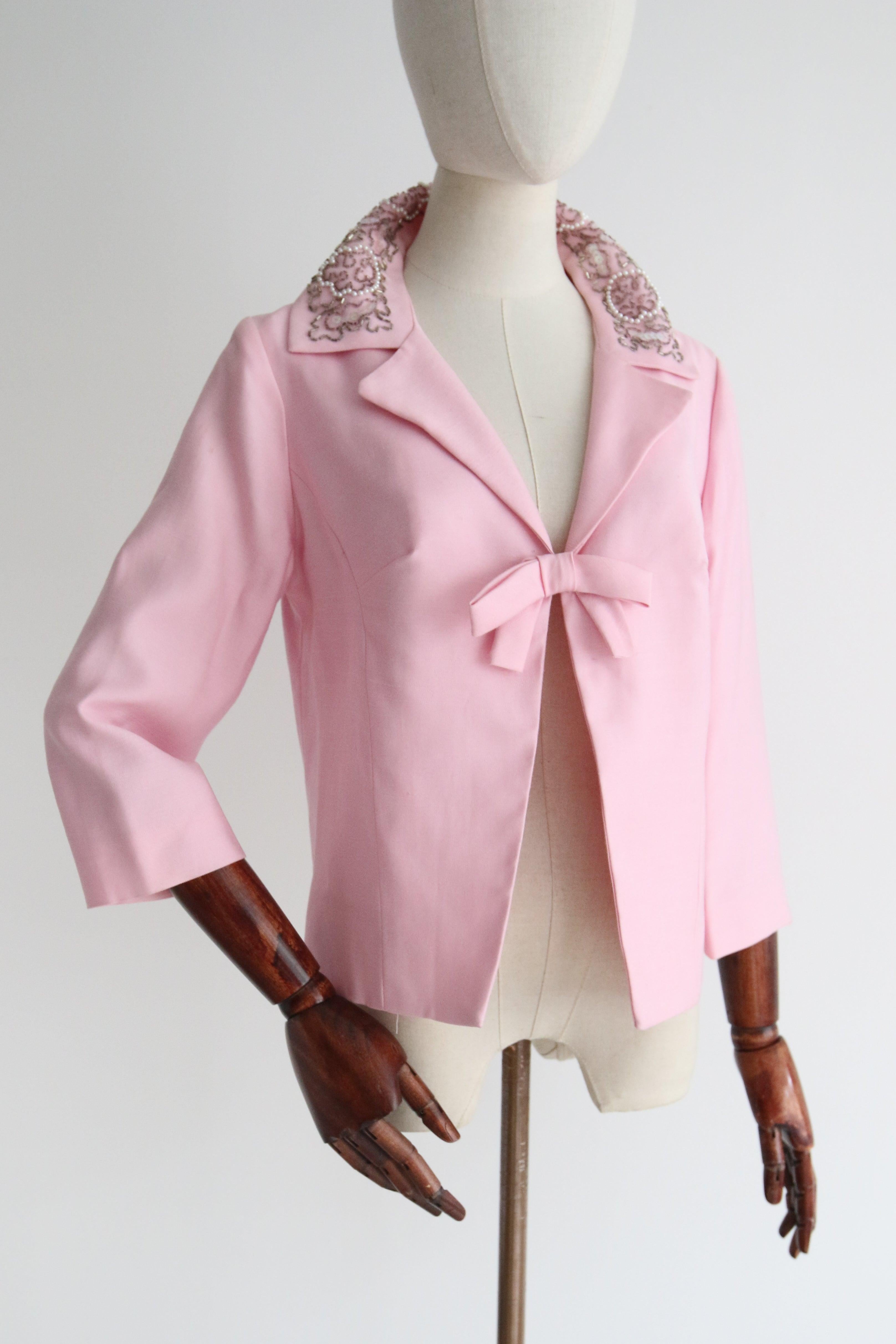 Women's Vintage 1960's pink jacket beaded collar ballet pink bow detail jacket UK 10