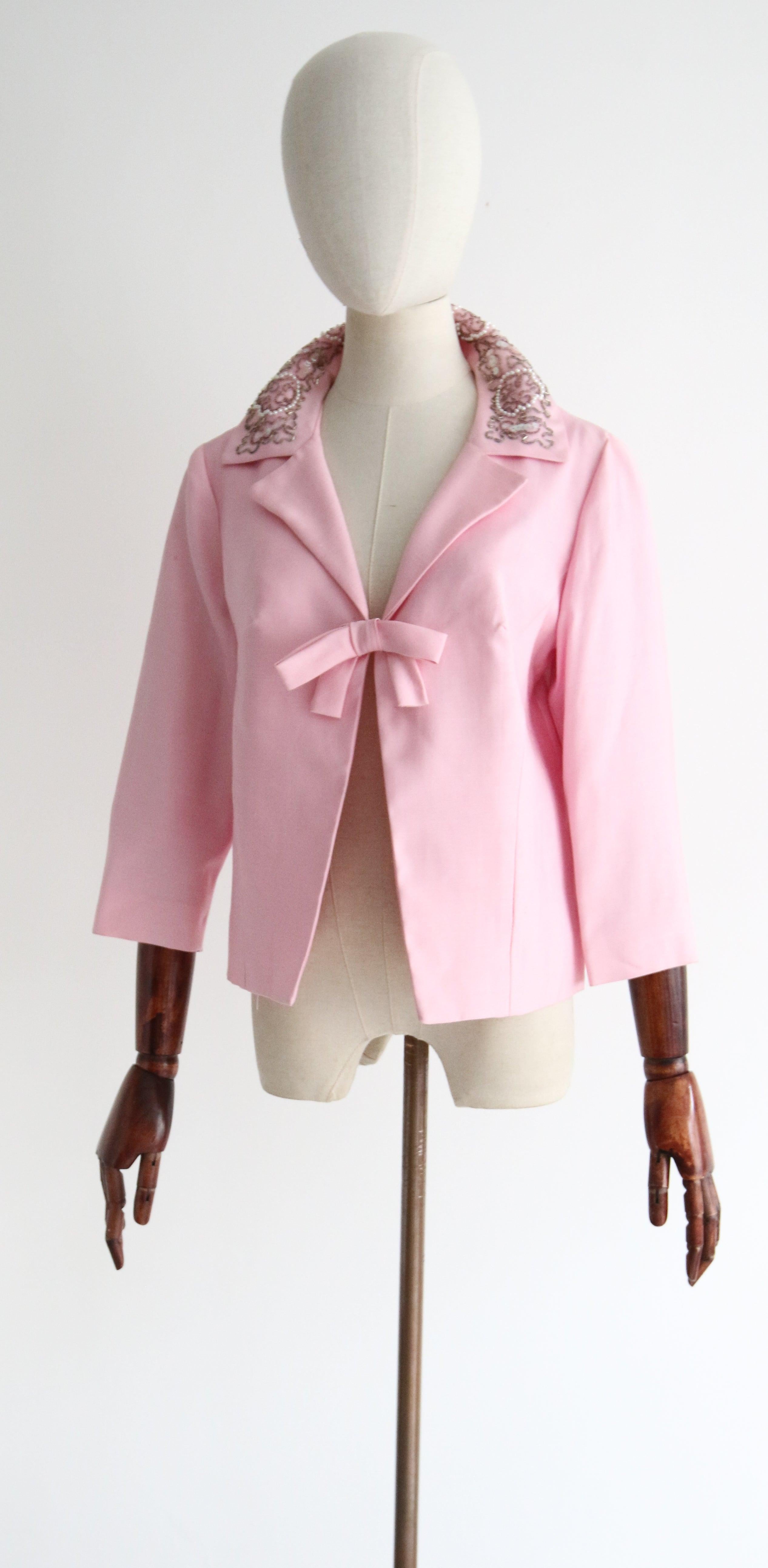 Vintage 1960's pink jacket beaded collar ballet pink bow detail jacket UK 10 1