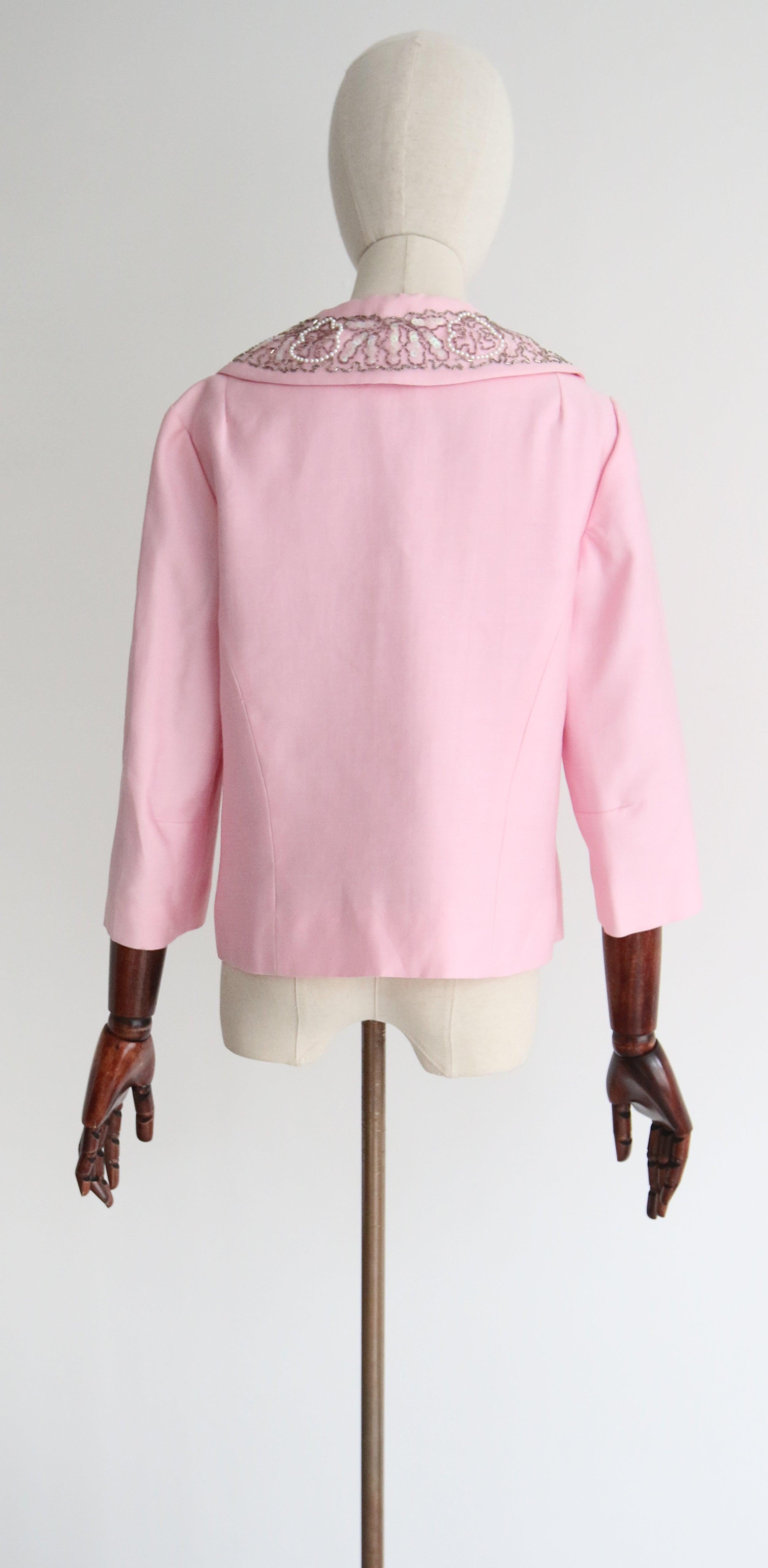 Vintage 1960's pink jacket beaded collar ballet pink bow detail jacket UK 10 2