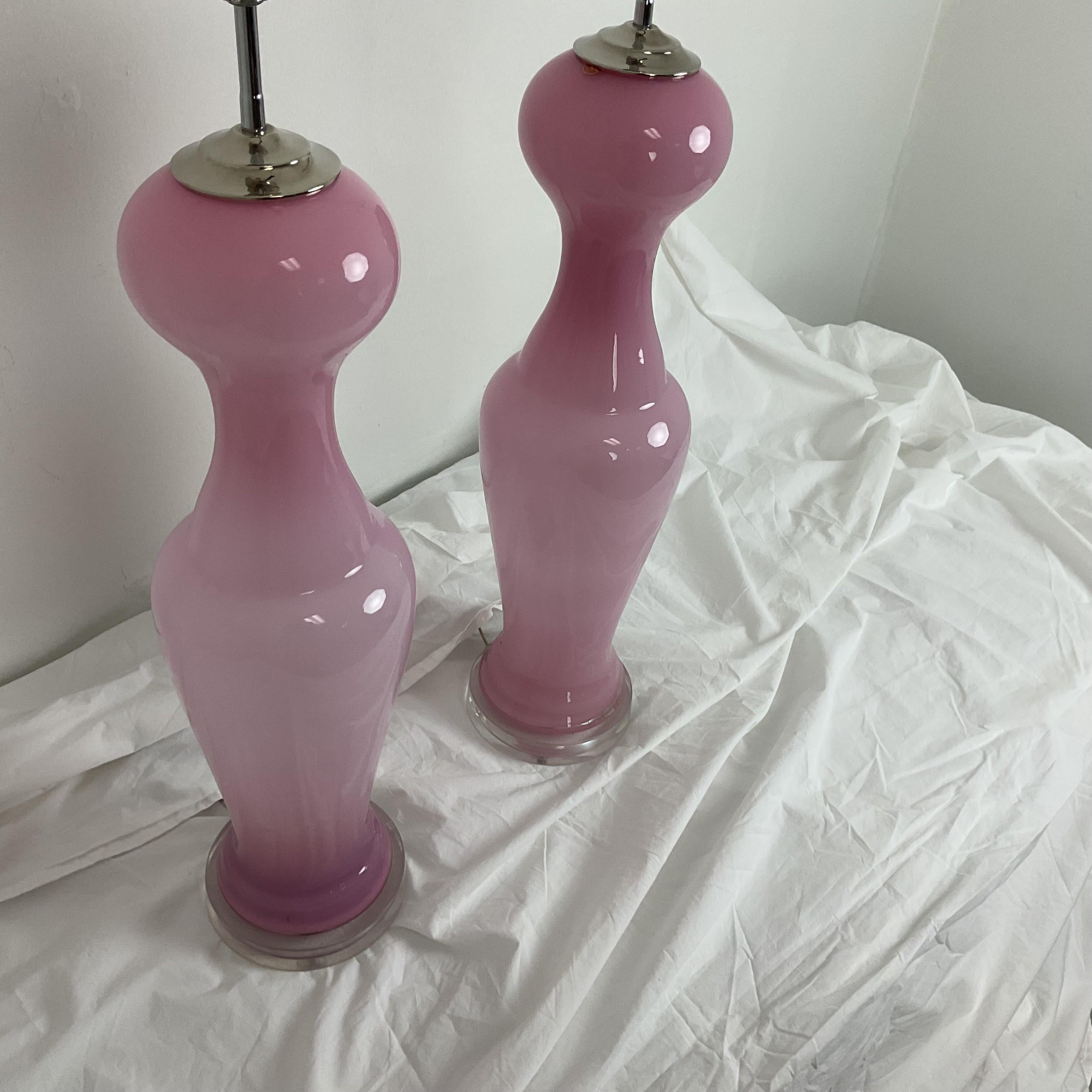 Vintage 1960's Pink Murano Glass Table Lamps In Good Condition For Sale In West Palm Beach, FL