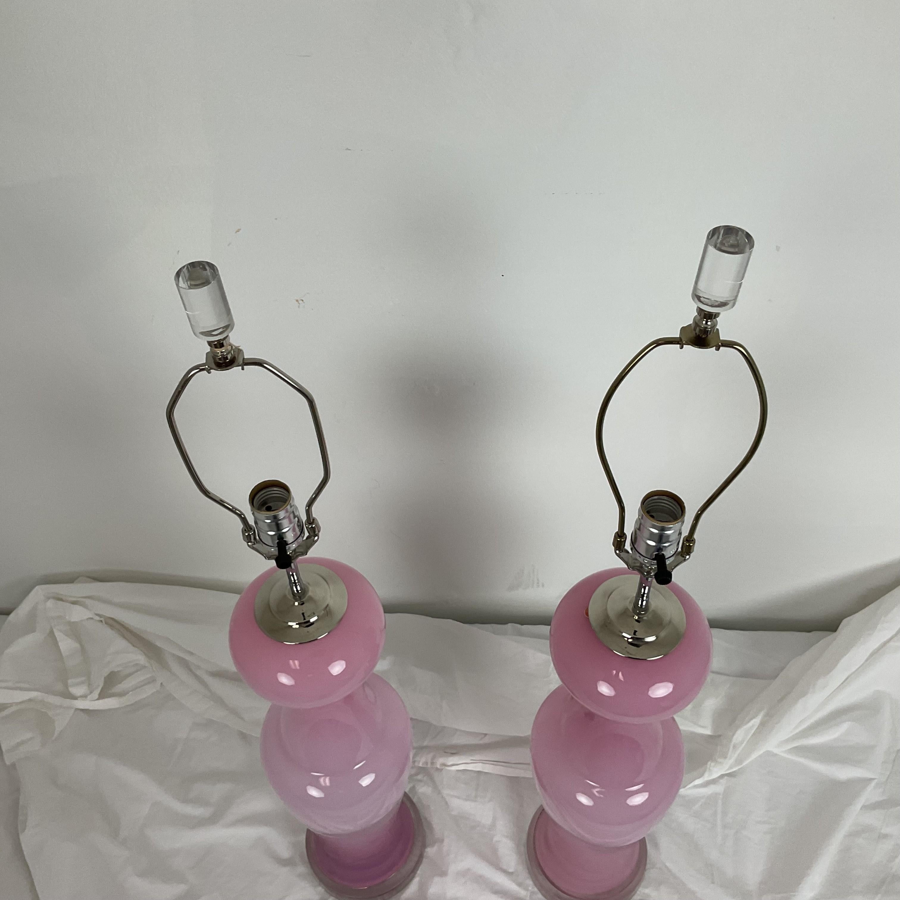 Metal Vintage 1960's Pink Murano Glass Table Lamps For Sale