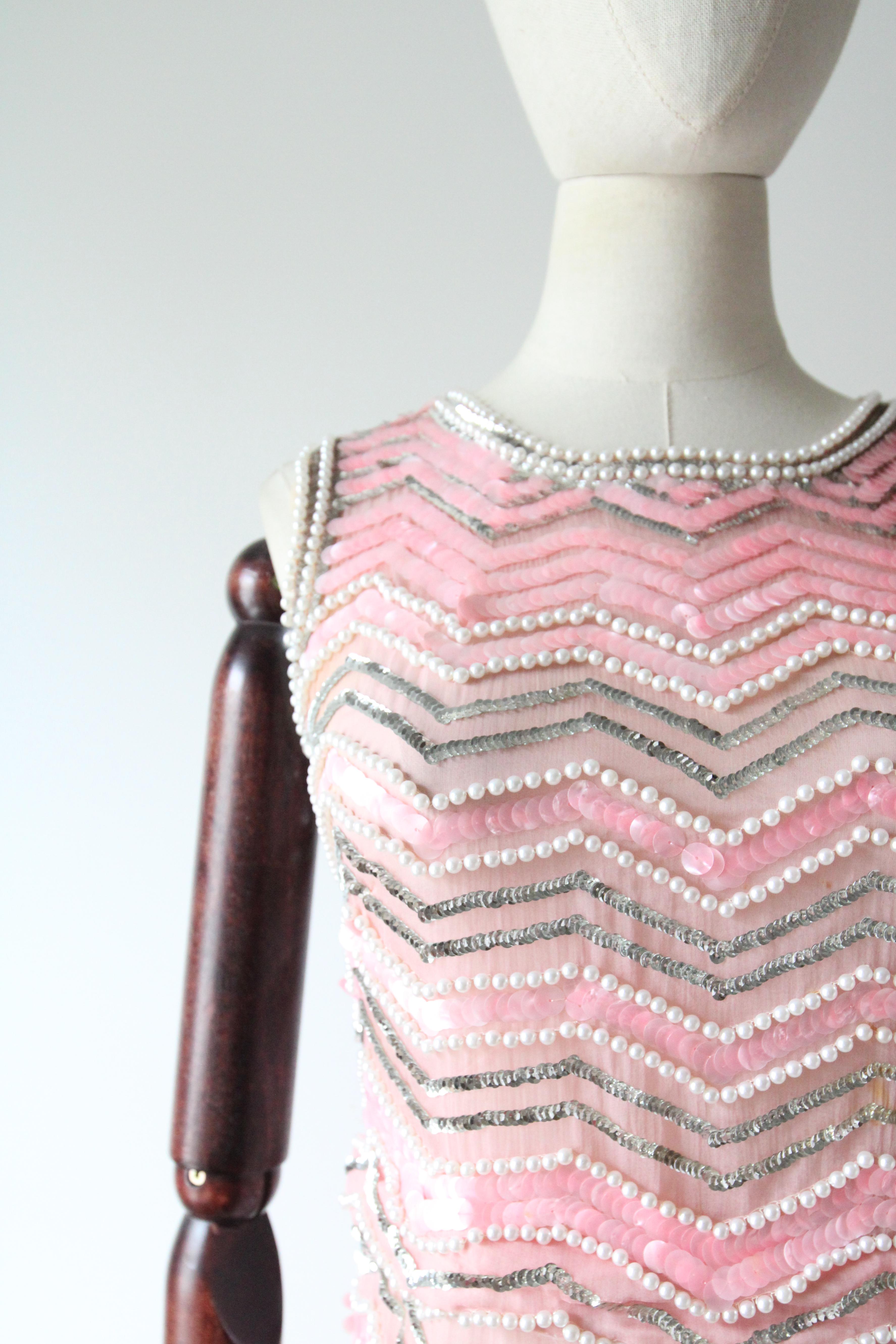 Beige Vintage 1960's Pink Sequin Peal Silk Organza Column Dress Cocktail Dress UK 8-10 For Sale