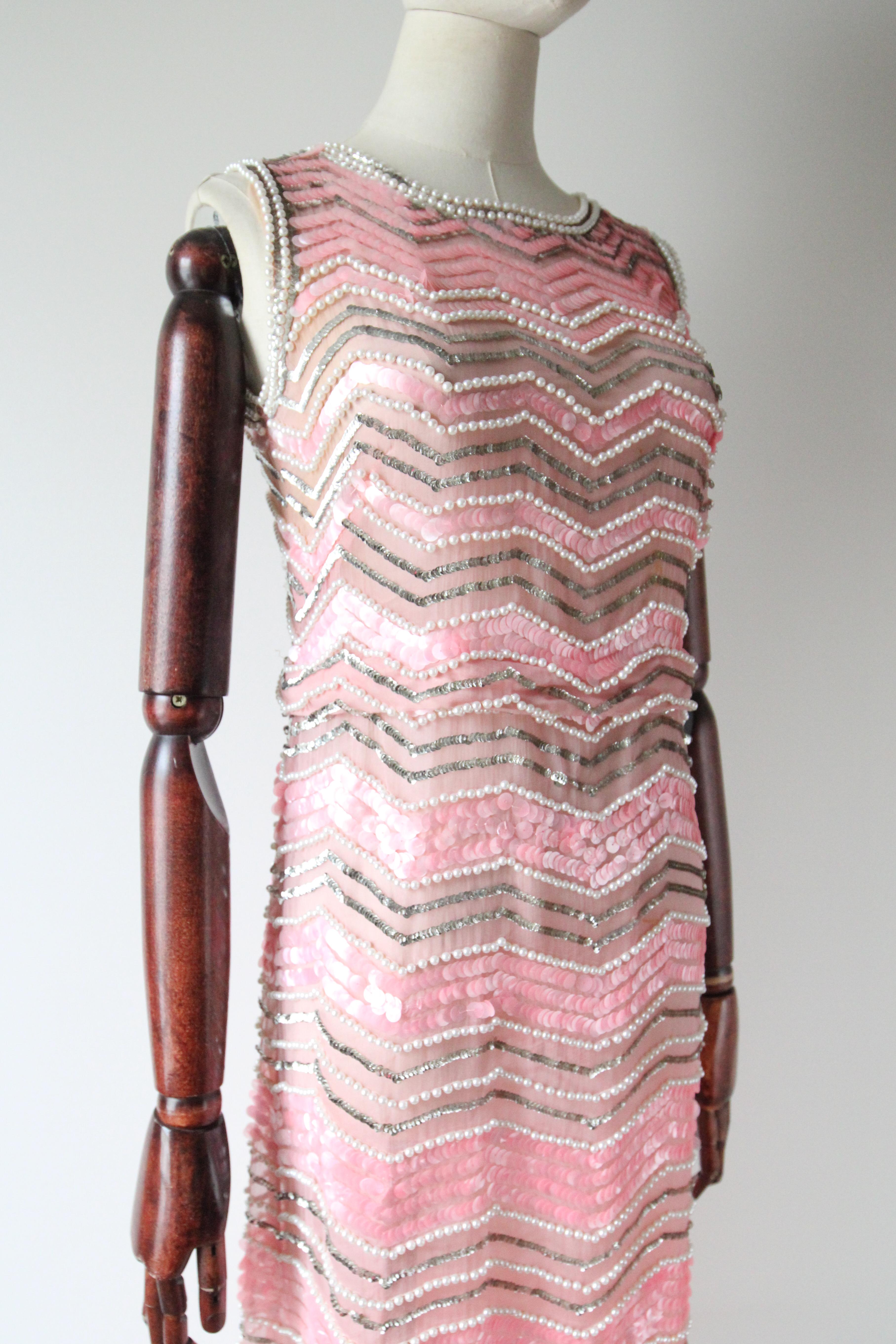 Women's Vintage 1960's Pink Sequin Peal Silk Organza Column Dress Cocktail Dress UK 8-10 For Sale