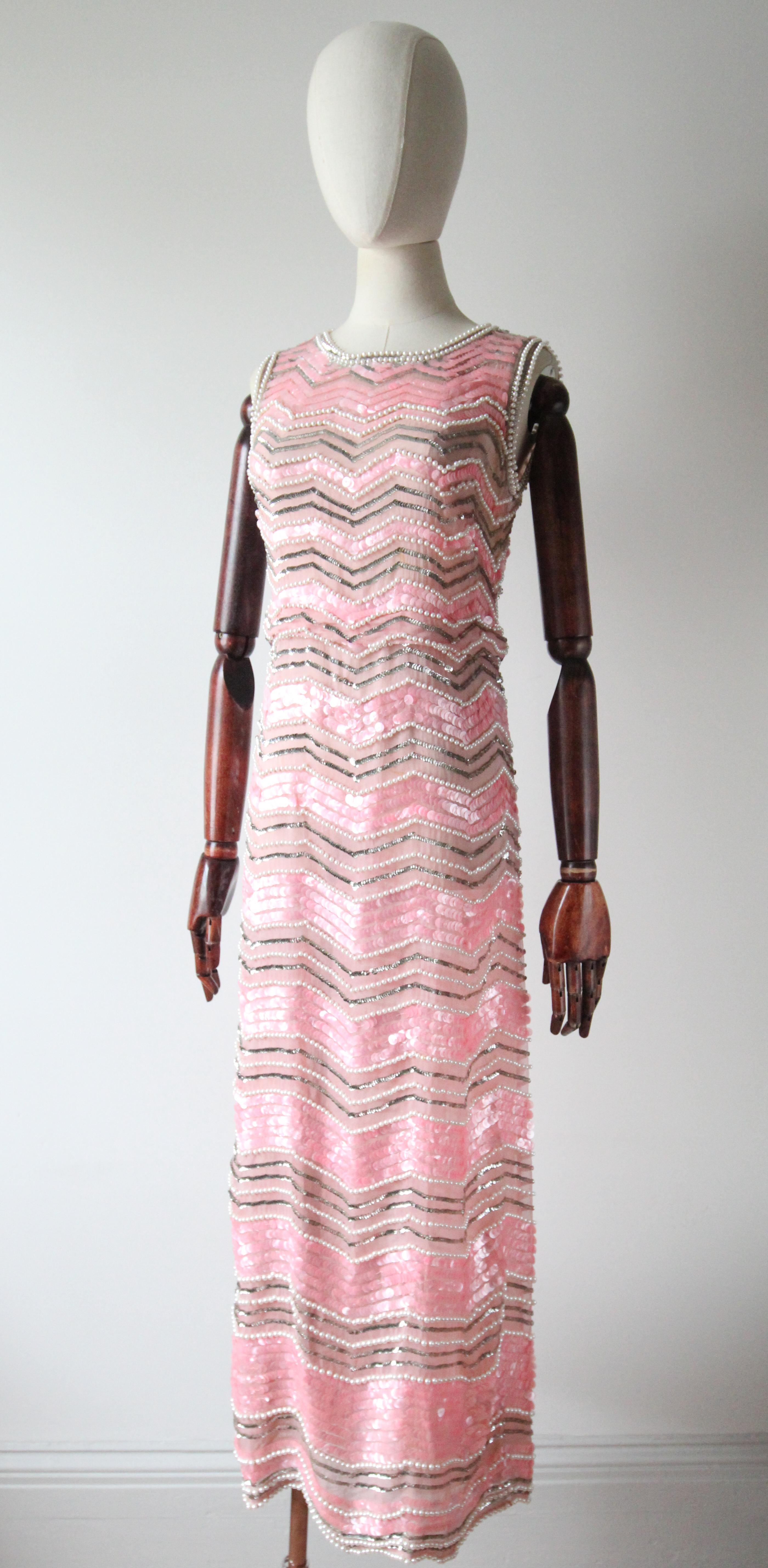 Vintage 1960's Pink Sequin Peal Silk Organza Column Dress Cocktail Dress UK 8-10 For Sale 1