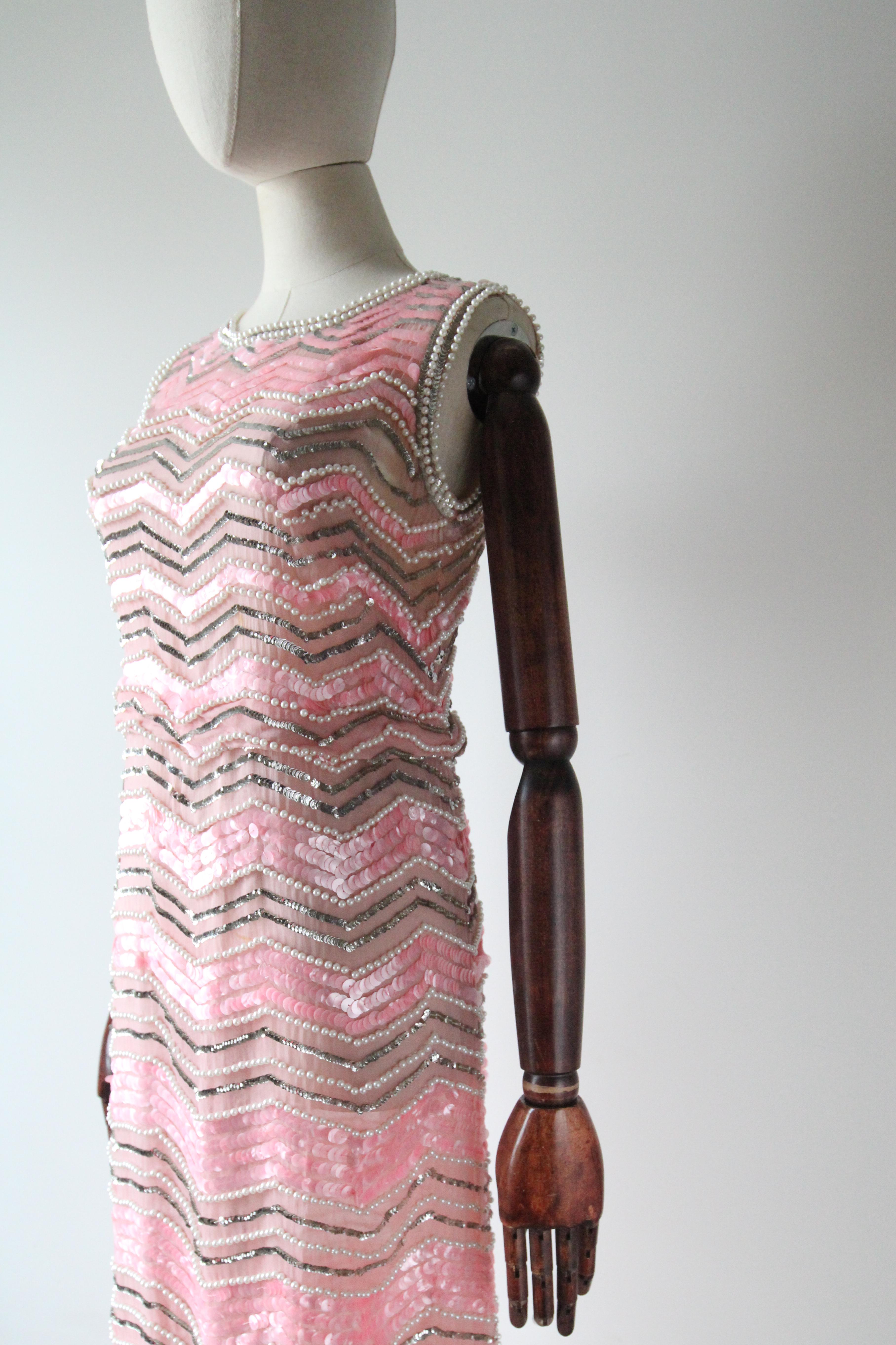 Vintage 1960's Pink Sequin Peal Silk Organza Column Dress Cocktail Dress UK 8-10 For Sale 2