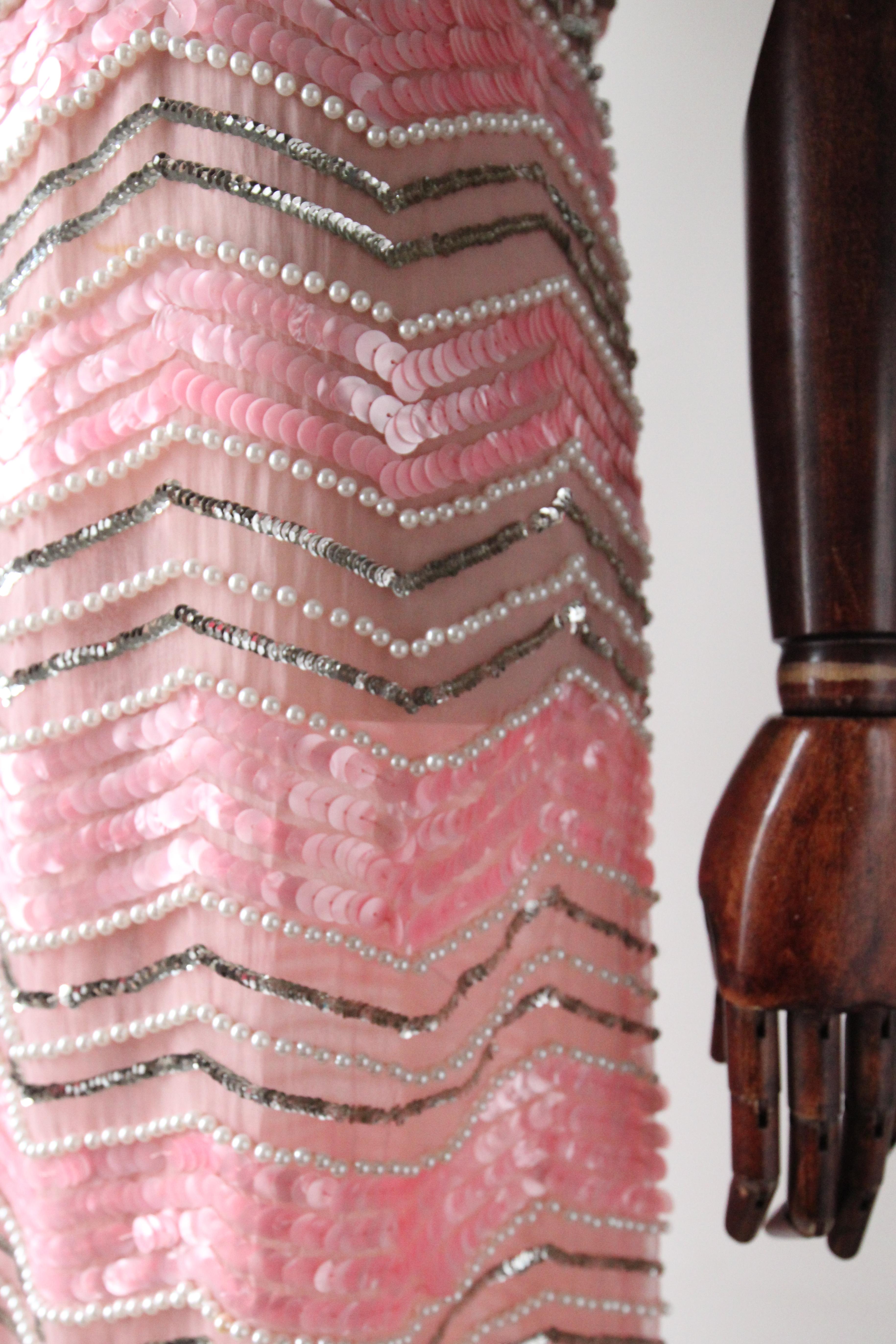 Vintage 1960's Pink Sequin Peal Silk Organza Column Dress Cocktail Dress UK 8-10 For Sale 3