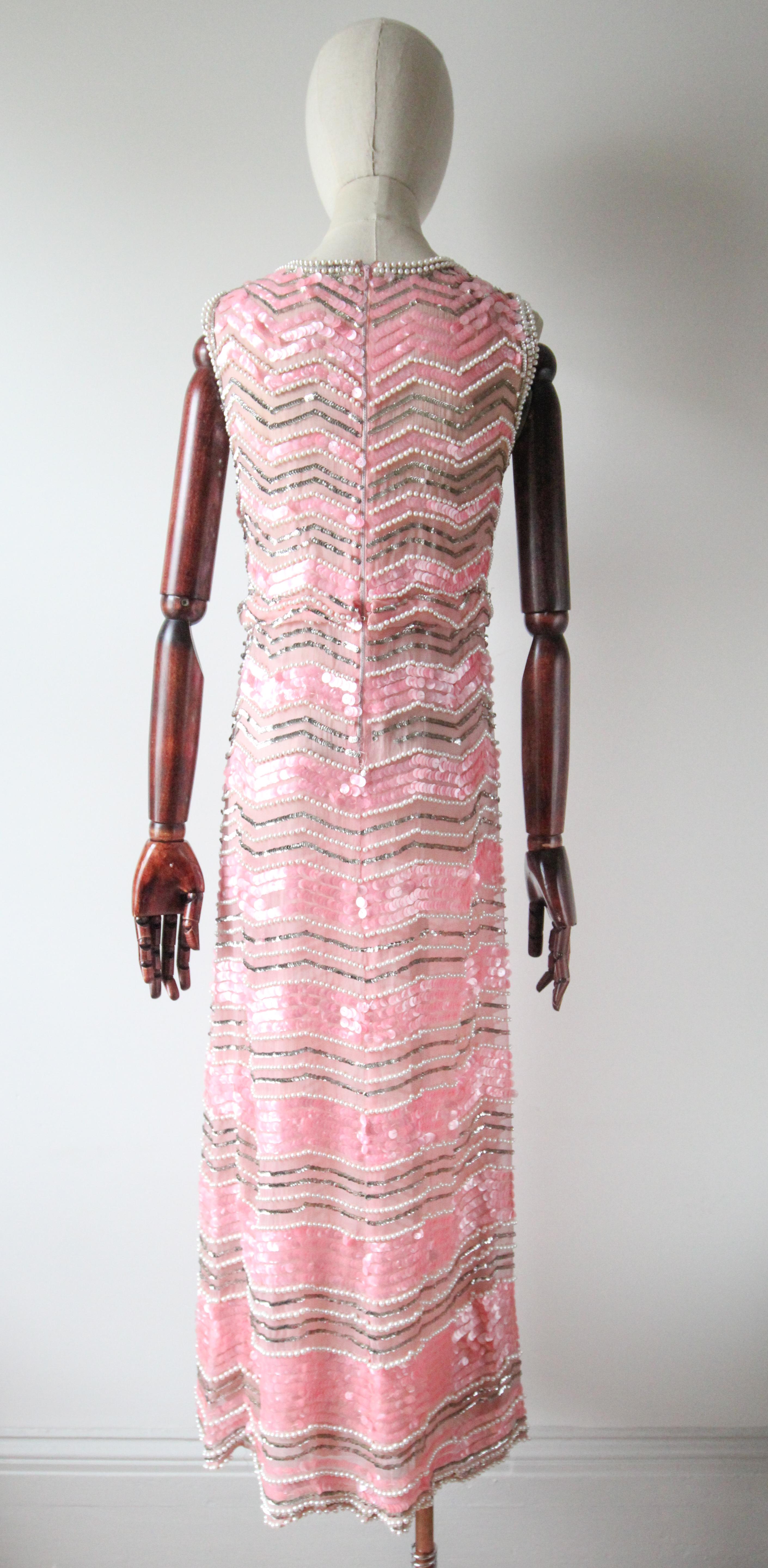 Vintage 1960's Pink Sequin Peal Silk Organza Column Dress Cocktail Dress UK 8-10 For Sale 4