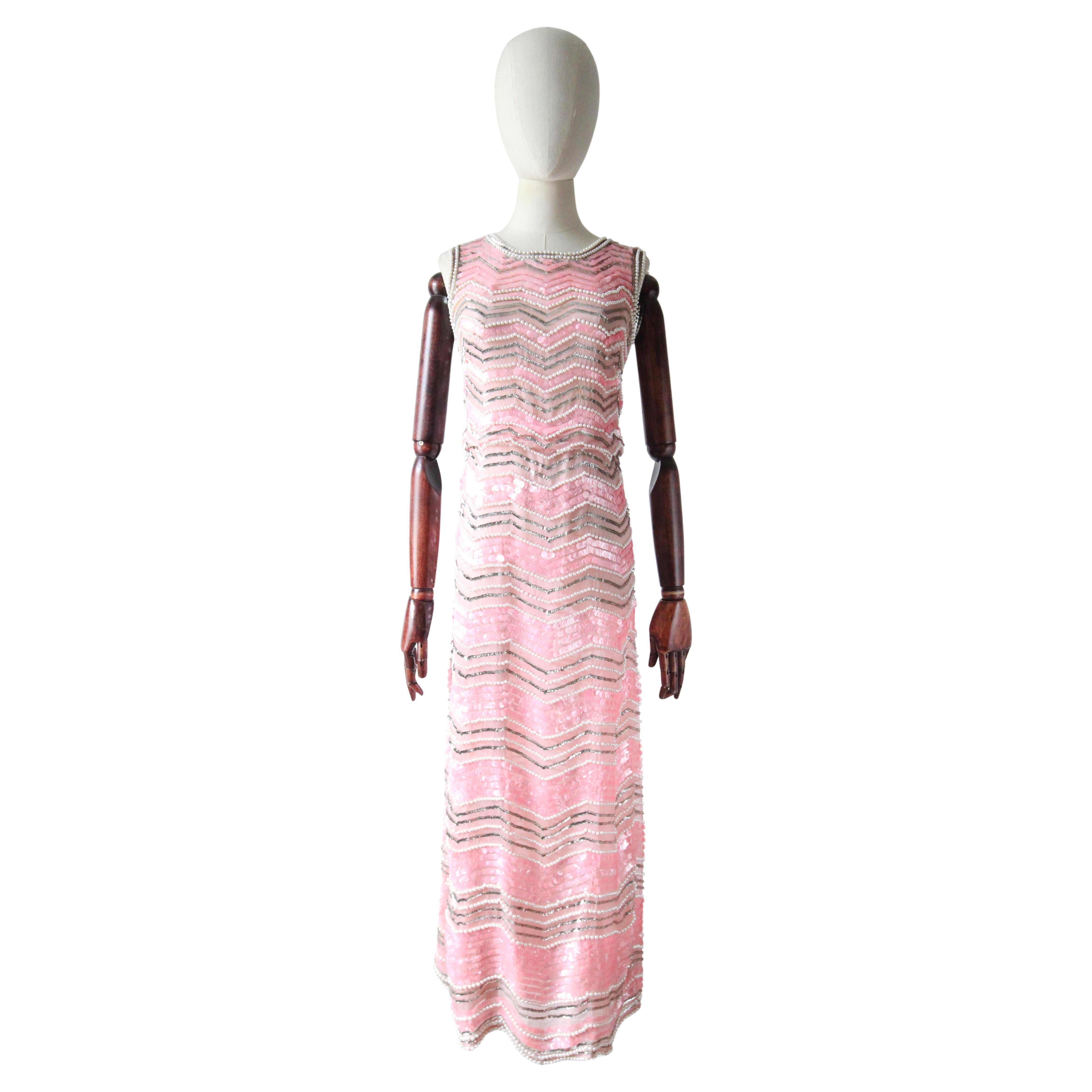 Vintage 1960's Pink Sequin Peal Silk Organza Column Dress Cocktail Dress UK 8-10 For Sale