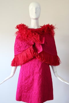 Vintage 1960's Pink Silk Dress and Matching Cape Ostrich Feather UK 12 US 8