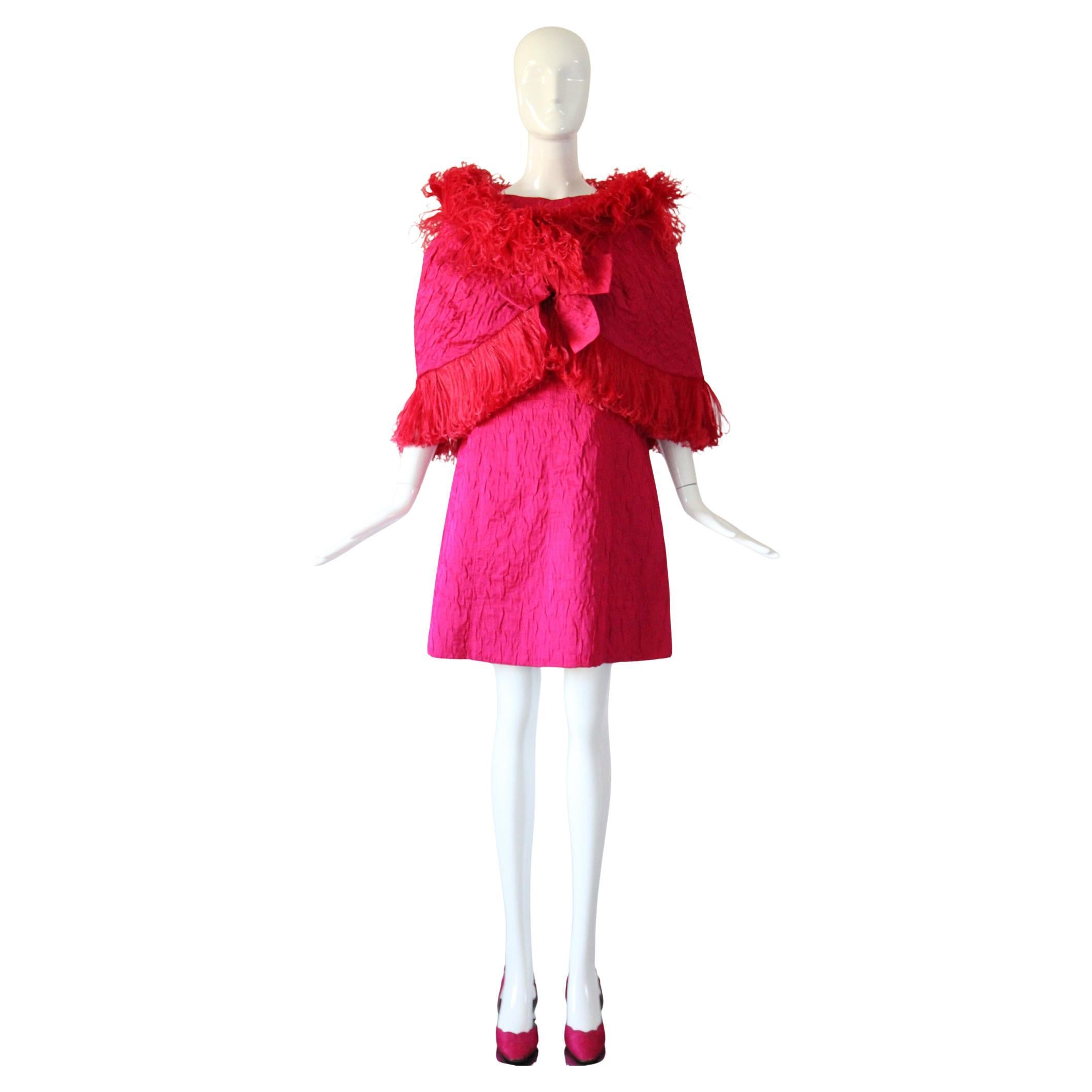 Vintage 1960
s Pink Silk Dress and Matching Cape Ostrich Feather UK 12 US 8