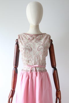 Vintage 1960's Pink & Silver Lurex Beaded Frank Usher Evening Gown UK 8-10