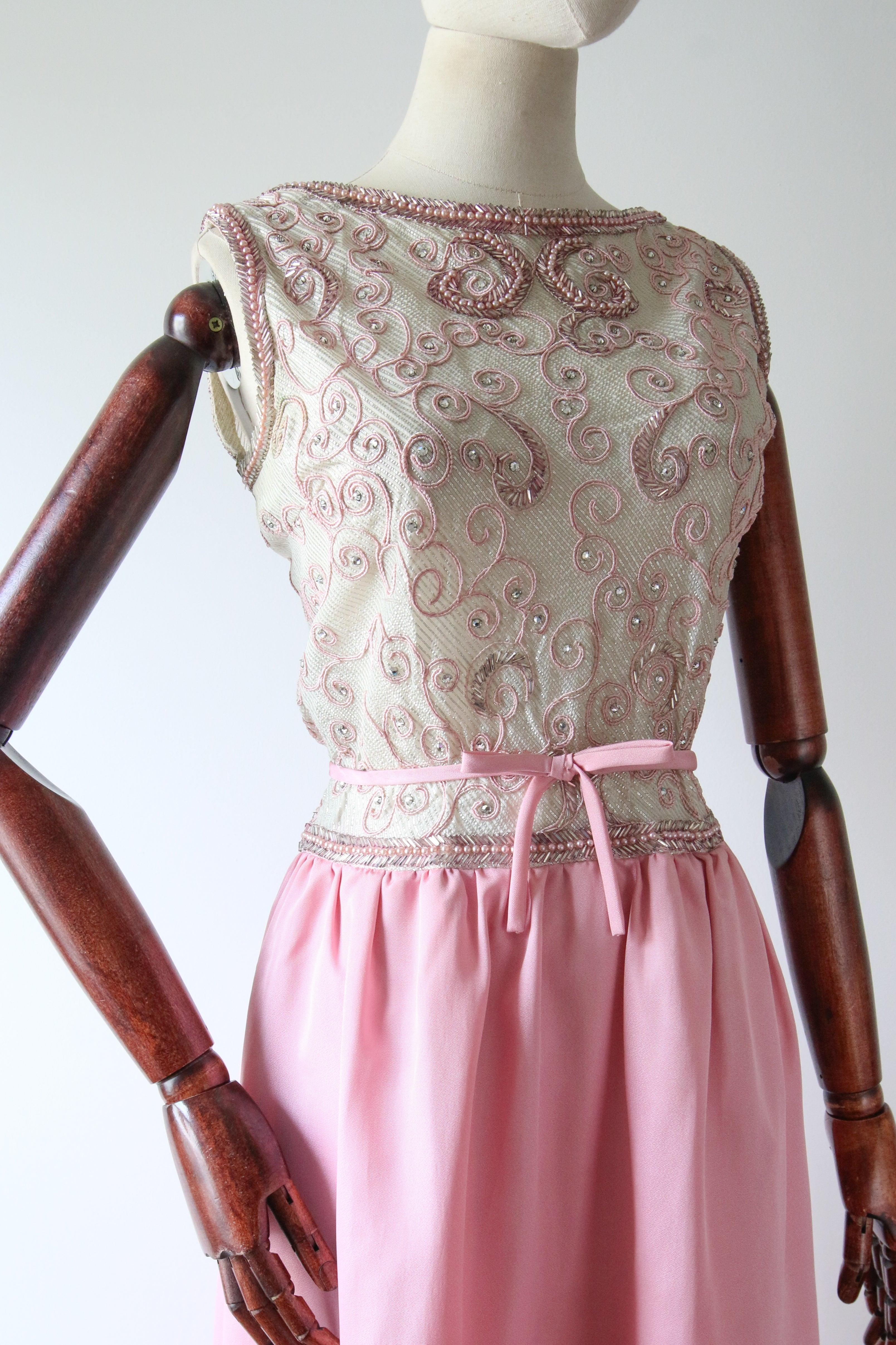 Women's Vintage 1960's Pink & Silver Lurex Beaded Frank Usher Evening Gown UK 8-10 For Sale
